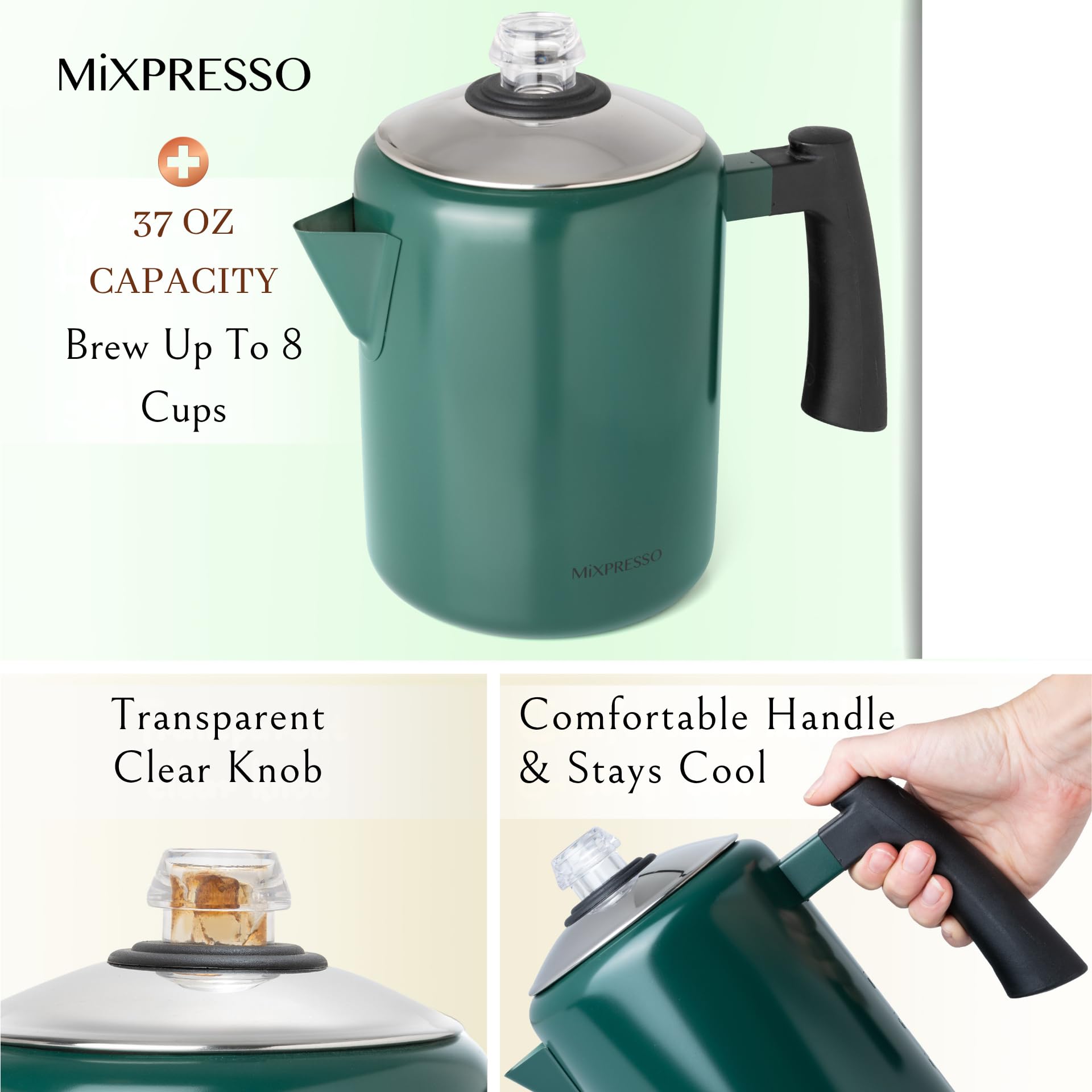 Mixpresso Percolador de café de acero inoxidable, cafetera percoladora, excelente para cafetera de camping, 5-8 tazas (verde)