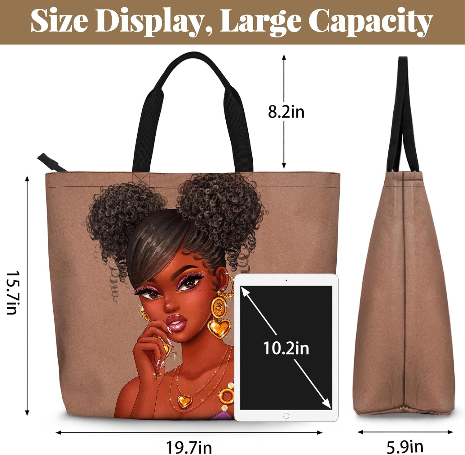 African American Women Tote Bag Black Shoulder Handbag For Women Fit Work Beach Labtops With Zip - Image 5