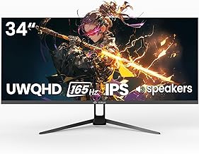 CRUA 34'' Gaming Monitor 165Hz/144Hz, UWQHD 3440x1440P IPS Ultrawide Screen Computer Monitors with Built-in Speakers, Supports FreeSync, 120% sRGB, PIP/PBP, HDMI2.0 & DP1.4, Wall Mount&Tilt Adjustable