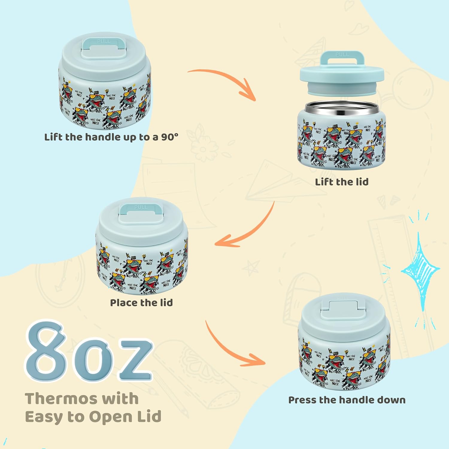 Bento Lunch Box for Kids with 8oz Soup Thermo Leak-Proof Lunch Food Containers with Snack Sauce Container for Kid Girls Boys to School (Screaming Dinosaur) - Image 3