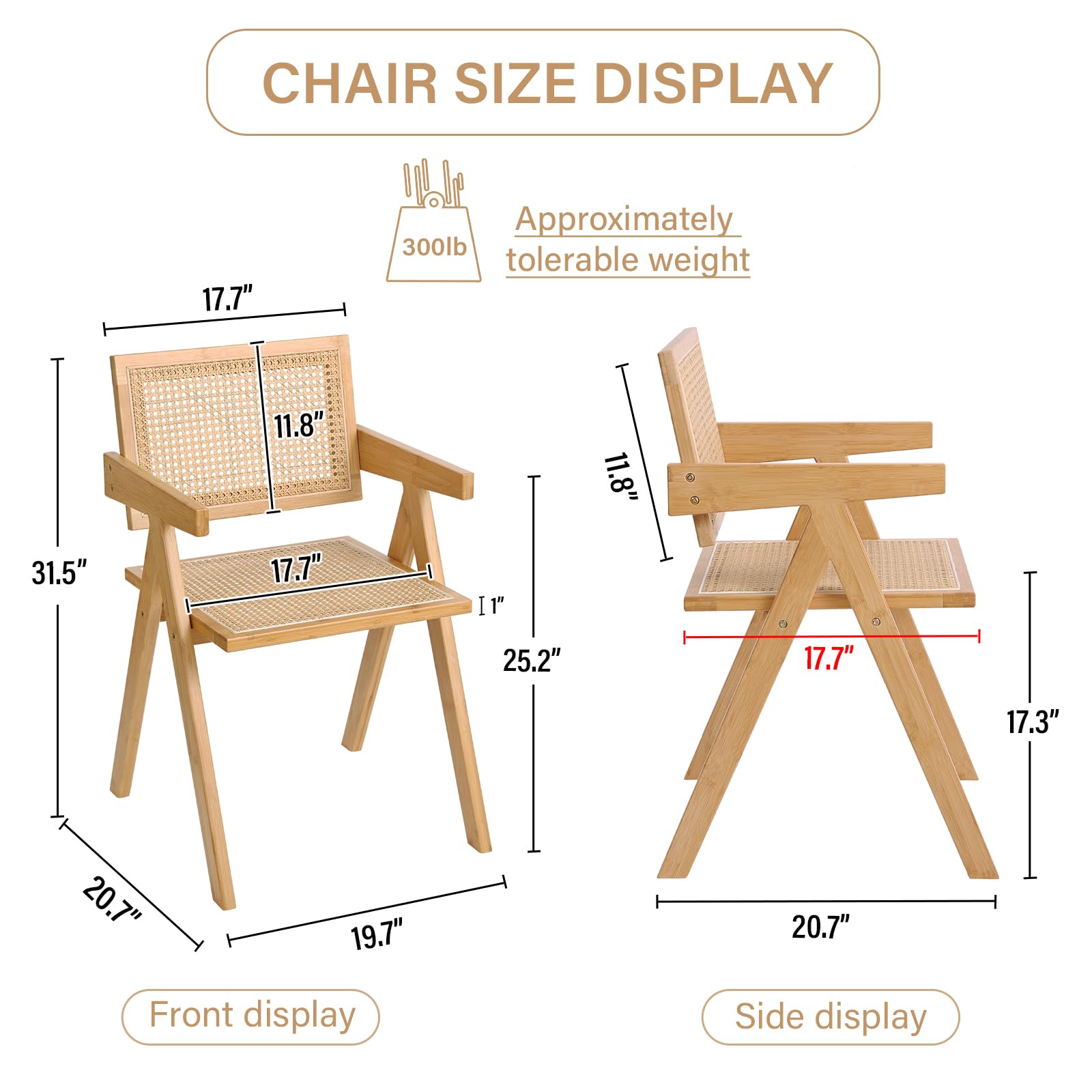 Juego de 2 sillas de ratán modernas de mediados de siglo, sillas de sala de estar de bambú para sala de lectura, comedor, cocina, madera 5