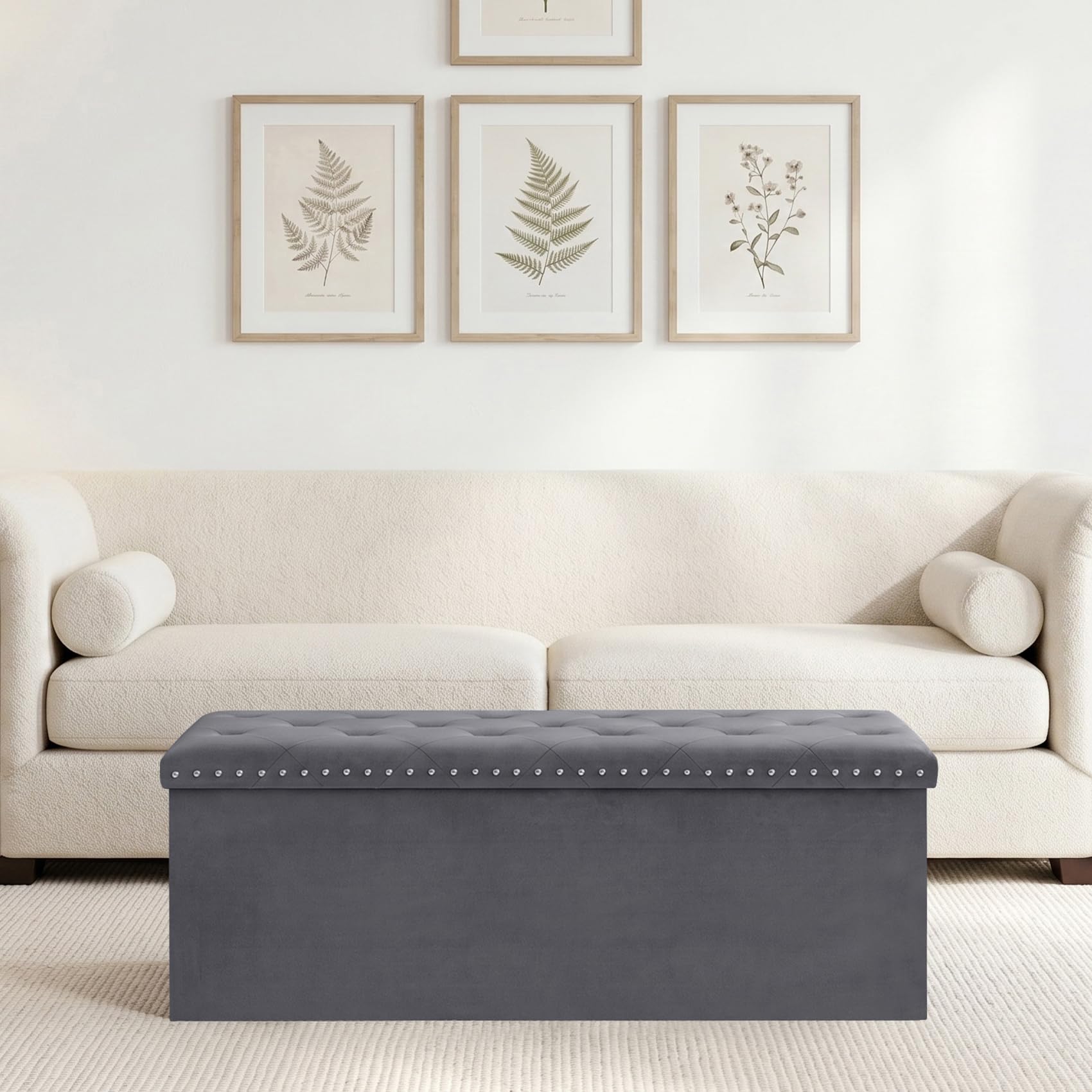 PINPLUS Klappbare Sitzbank mit Stauraum, Samt, 110x40x40 cm, Grau | Bettbank mit dickem Deckel, Truhenbank & Fußbank, große Aufbewahrung, platzsparend, für Wohnzimmer, Schlafzimmer, Diele