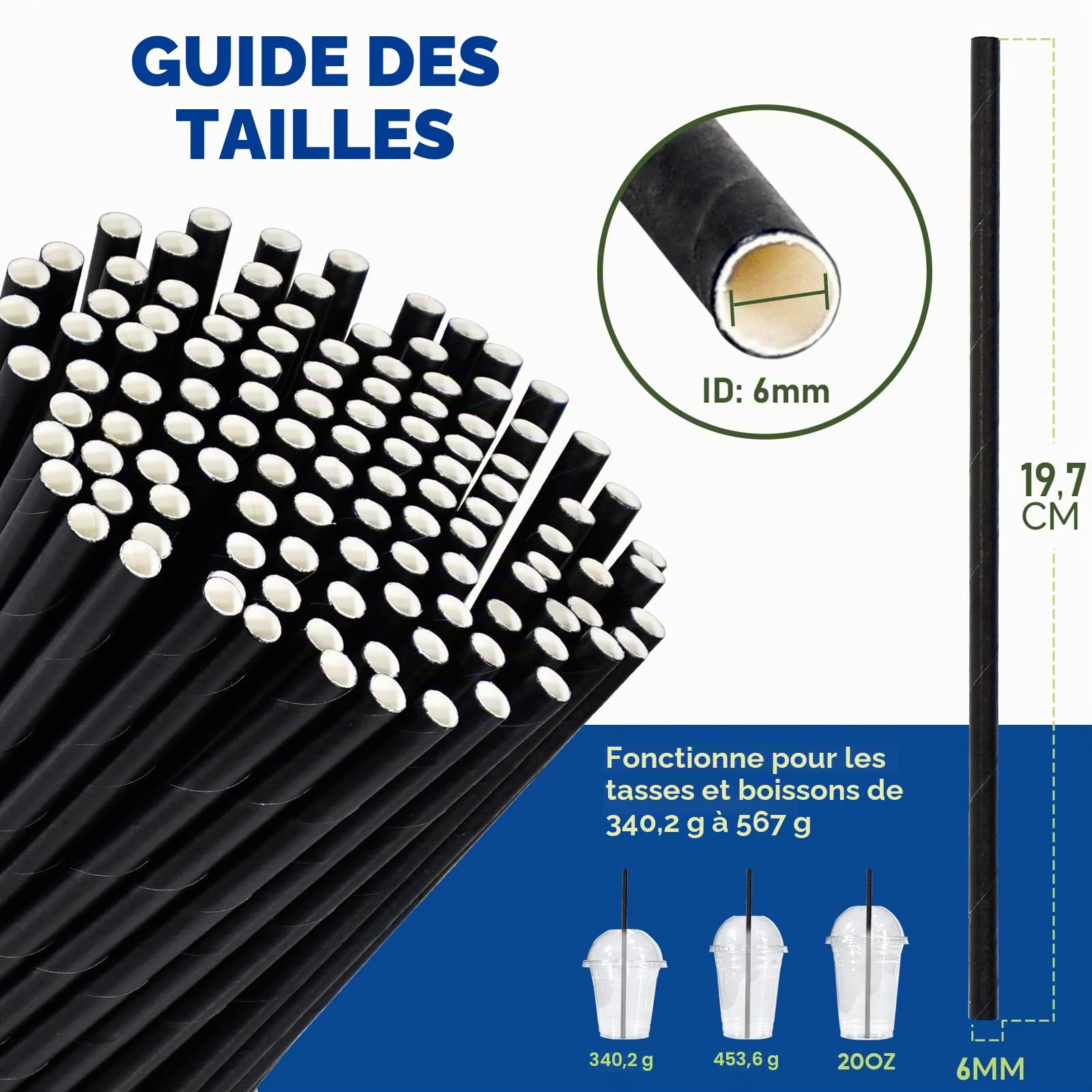 Lot de 1000 pailles en papier biodégradables pour cocktail Noir 19,7 cm x 0,6 cm Pour bars et restaurants