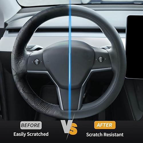 Miniatura 4 de Funda de cuero de napa para volante compatible con Tesla Model 3/Y 2016-2025 2026 Juniper/Highland, antideslizante, transpirable, modelo 3/Y, Negro