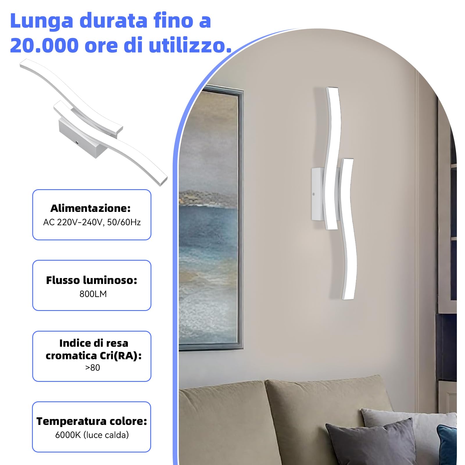 Voltix Applique da Parete Interno LED 10W–Lampada da Parete Moderna per Camera da Letto, Corridoio, Soggiorno–Applique Camera da Letto per Illuminazione Elegante e Funzionale (Bianco Freddo - 6500K)