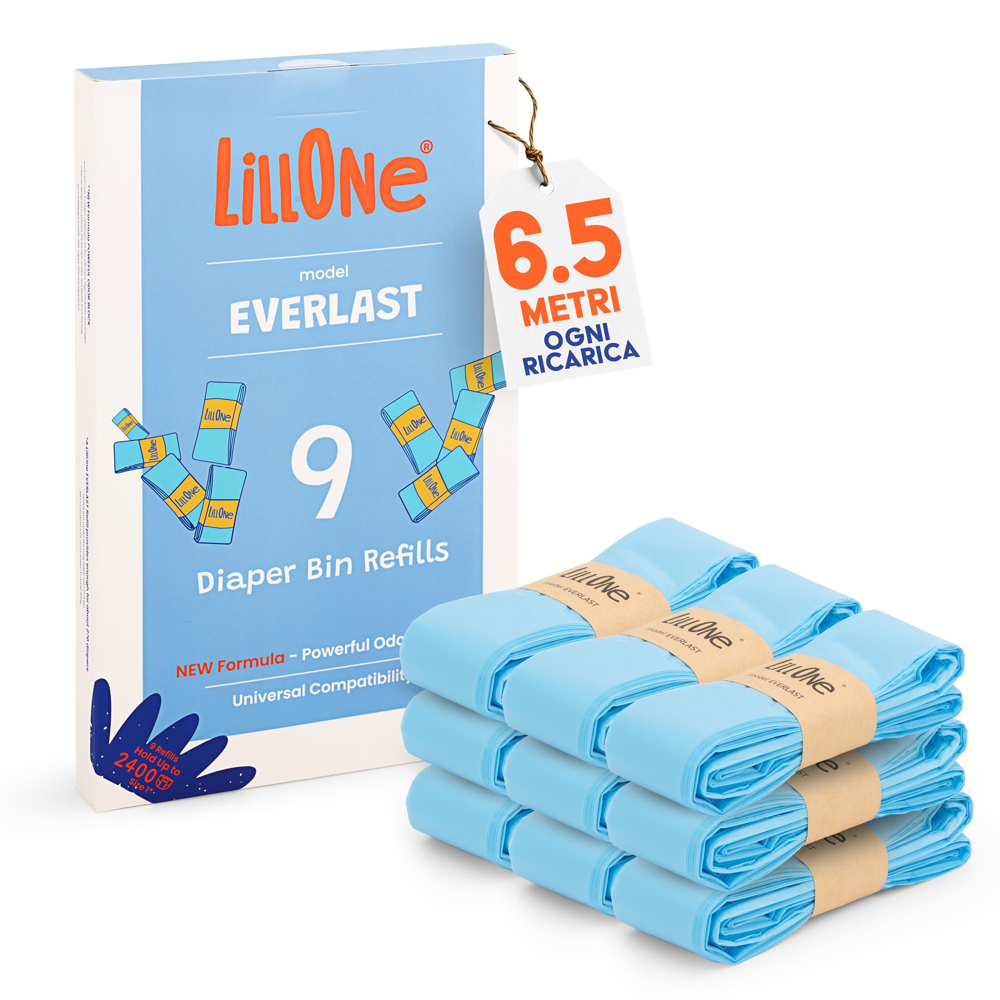 LillOne EVERLAST 9 Ricariche Mangiapannolini Universali Extra Lunghe 6,5 m Spessore Maggiorato Anti Odore e Perdite Compatibili con Angelcare, Maialino Foppapedretti, Tommee Tippee, LitterLocker