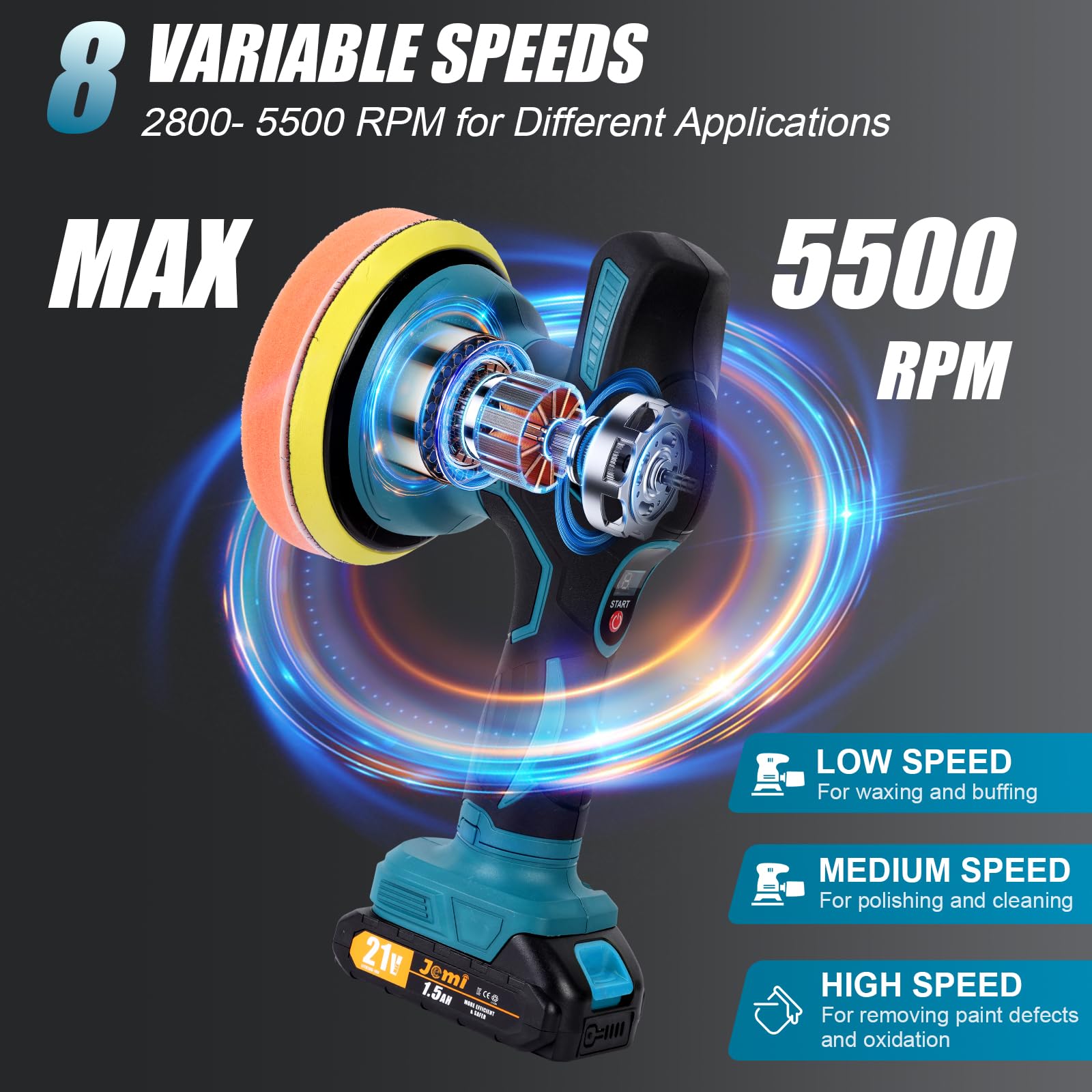 Pulidor de coche inalámbrico 21 V, 8 velocidades, 2800 – 5500 rpm
