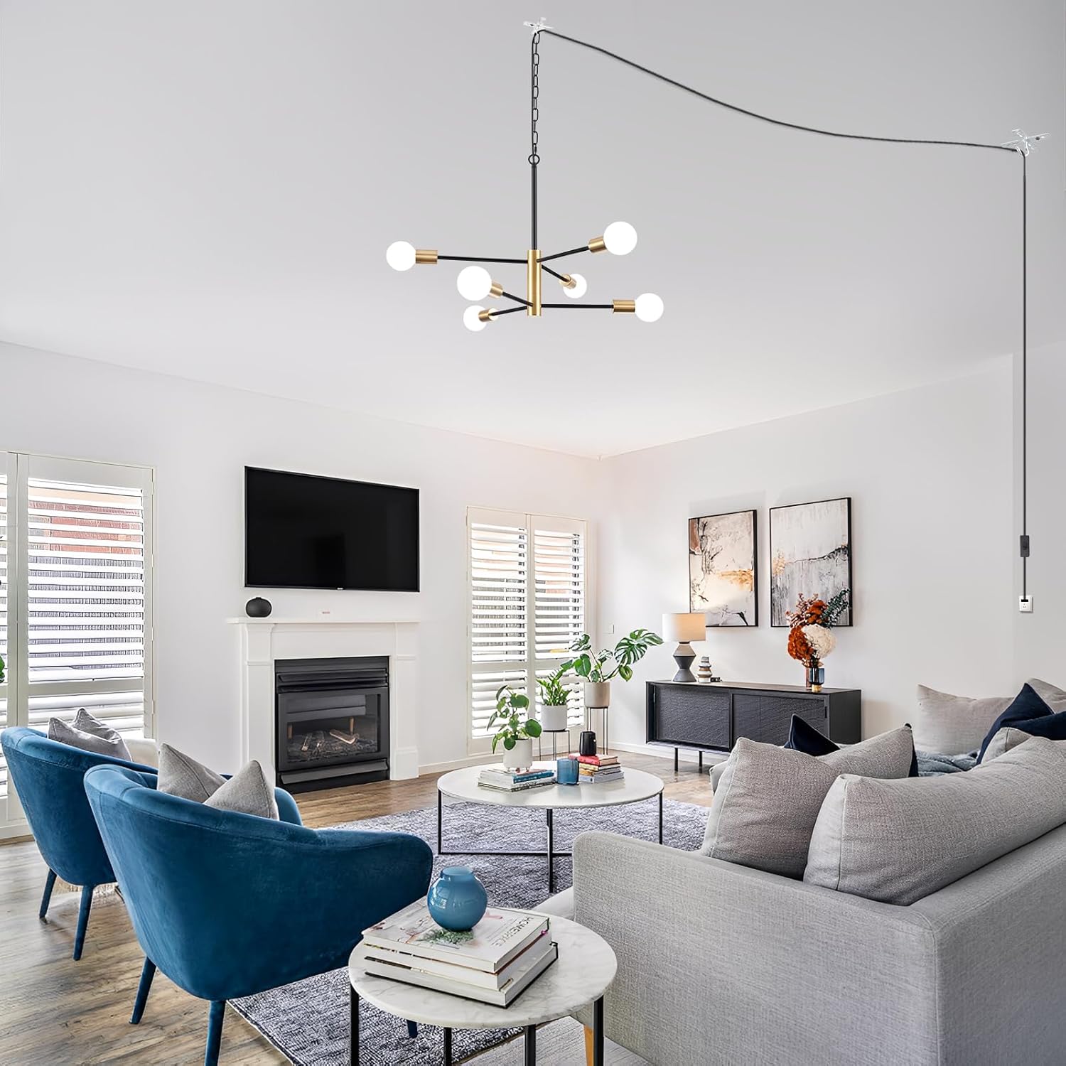 Plug in Chandelier Lighting with Long Cord, 6 Lights Modern Hanging Lights with Plug in Cord 15.09ft&On/Off Switch, Hanging Lamp Plug in Pendant Light Fixture for Dining Room Bedroom Kitchen