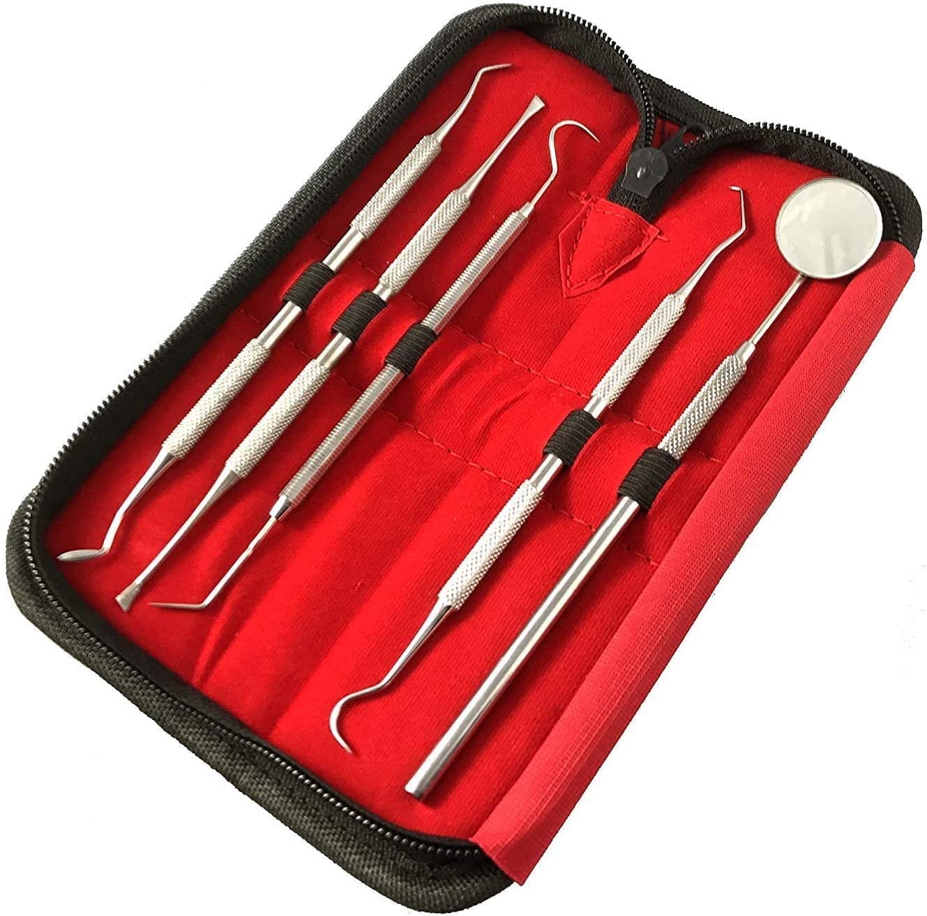 ET- 5 Pieces Dog Dental Tooth Scaler and Scraper Stainless Steel tools Kit Double Header Tarter Remover/Scraper/Dental Mirror/Tweezers Teeth Cleaning Pick Hygiene Tools For Pet Oral Use,