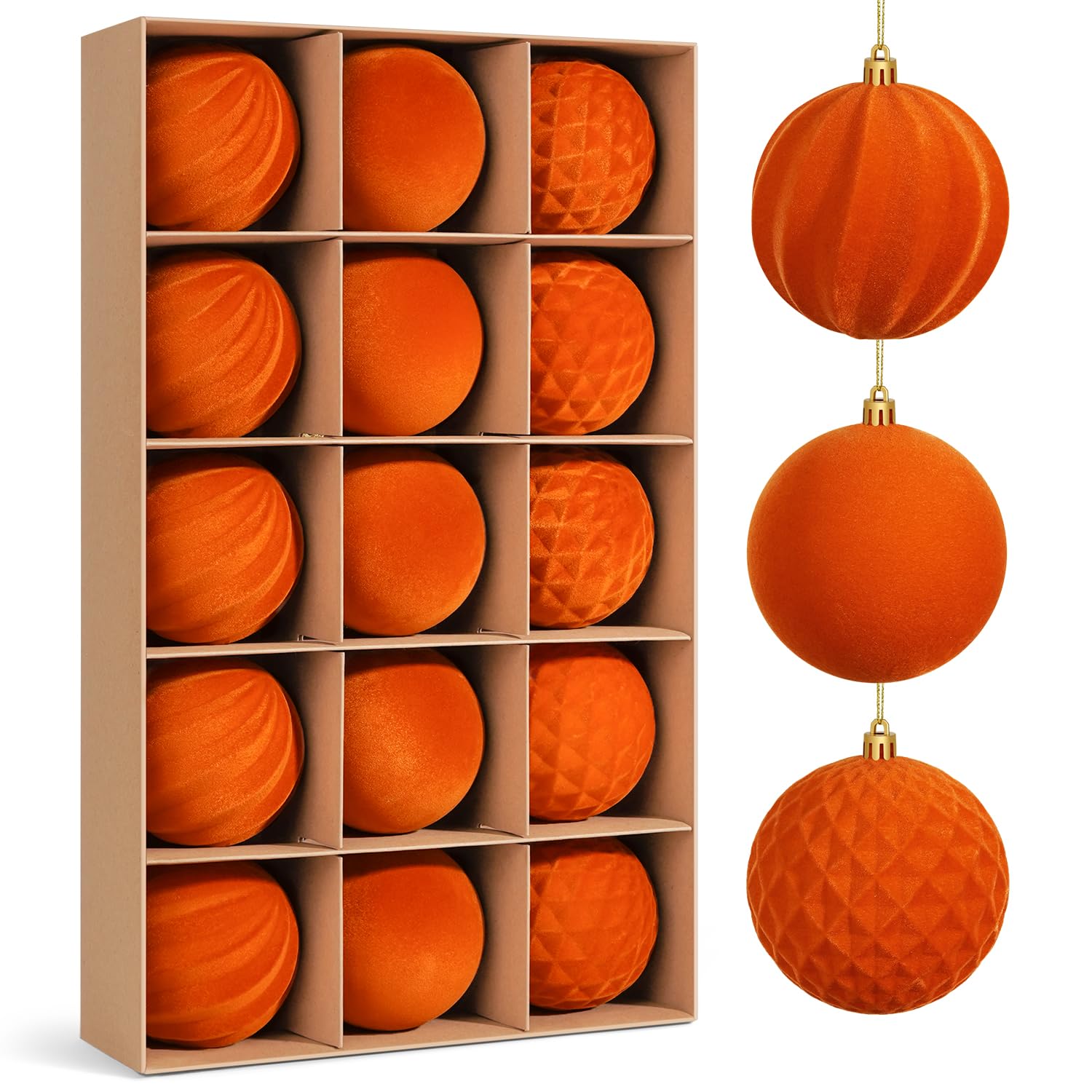 Miaikoe 15 Pcs Velvet Christmas Balls Hanging Ornaments Set, Pre-tied Shatterproof Plastic Flocked Christmas Balls Xmas Decorations Festival Holiday Party Decor (Orange,8CM)