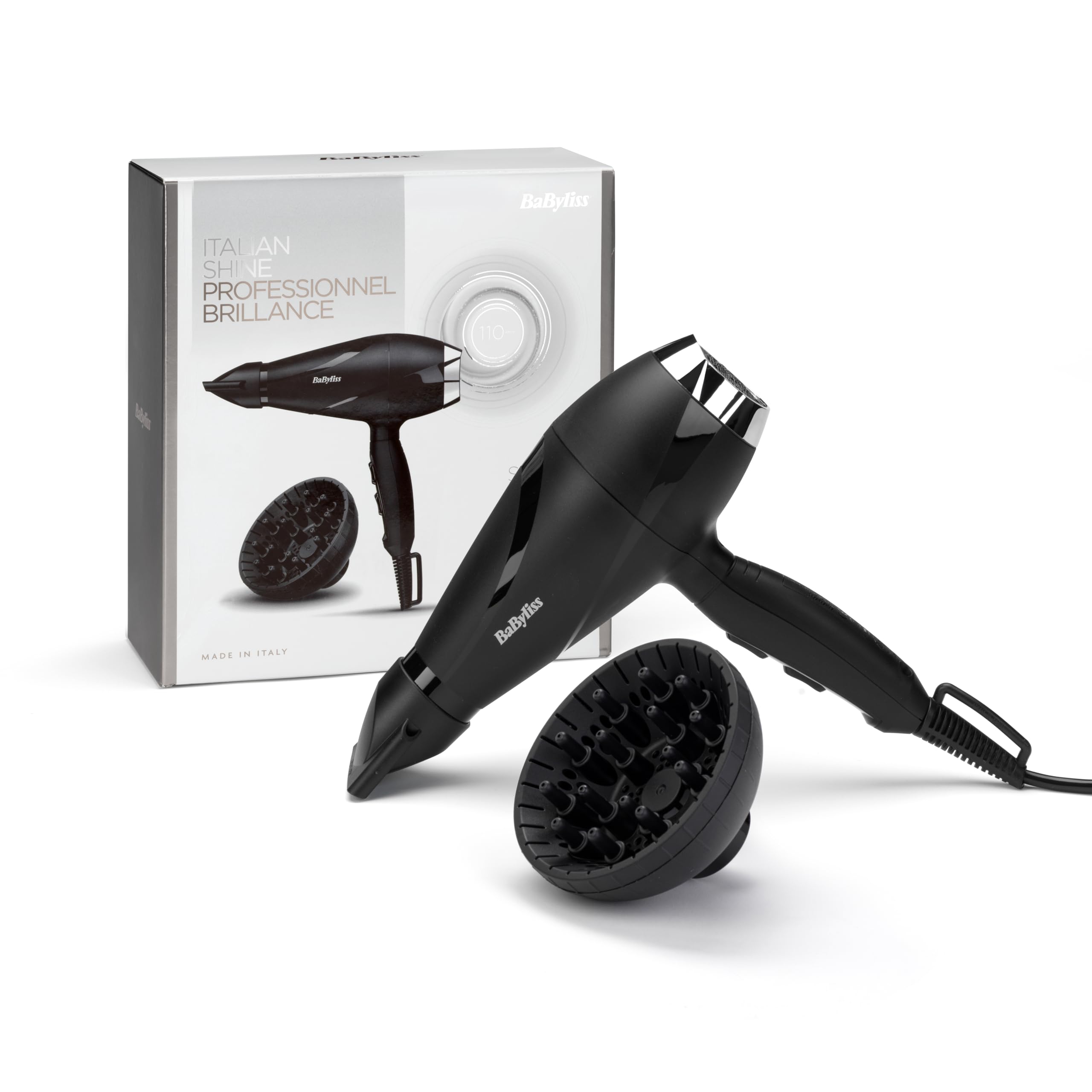 BaByliss Secador de Pelo Shine Pro 2200 – Tecnología iónica, 2200 W, Antiencrespamiento, Difusor y Boquilla Concentradora, Fabricado en Italia, Negro, 6713DE