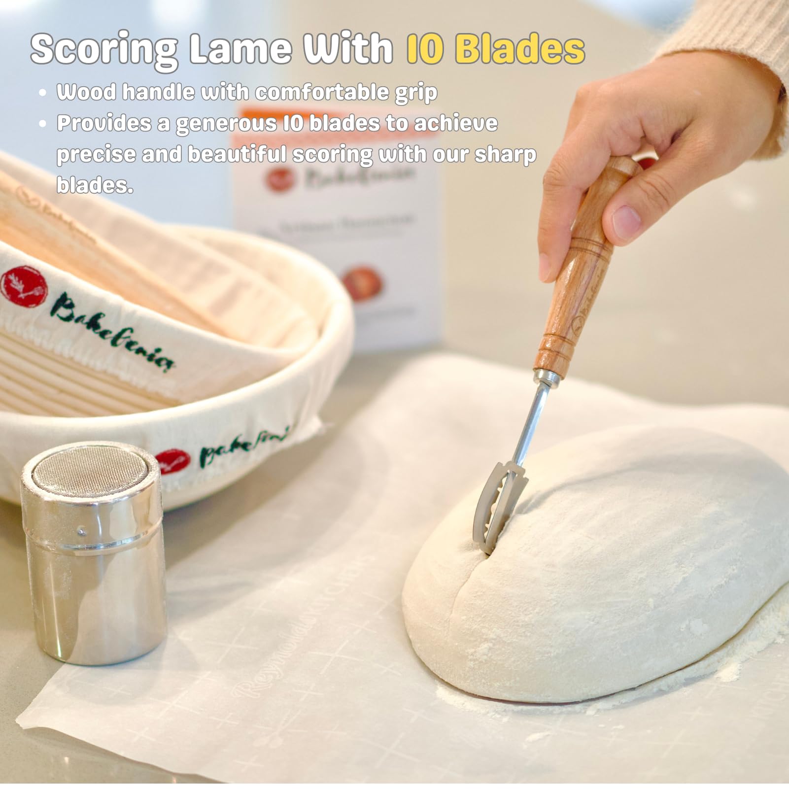 Artisan Bread Banneton Proofing Basket Set mit 2, 2 Stück, rund & 25,4 cm (10 Zoll), oval, mit Danish Whisk, Dough Cutter, Scraper, Flour Duster, Cleaning Brush, Bread Blade & 10 Klingen