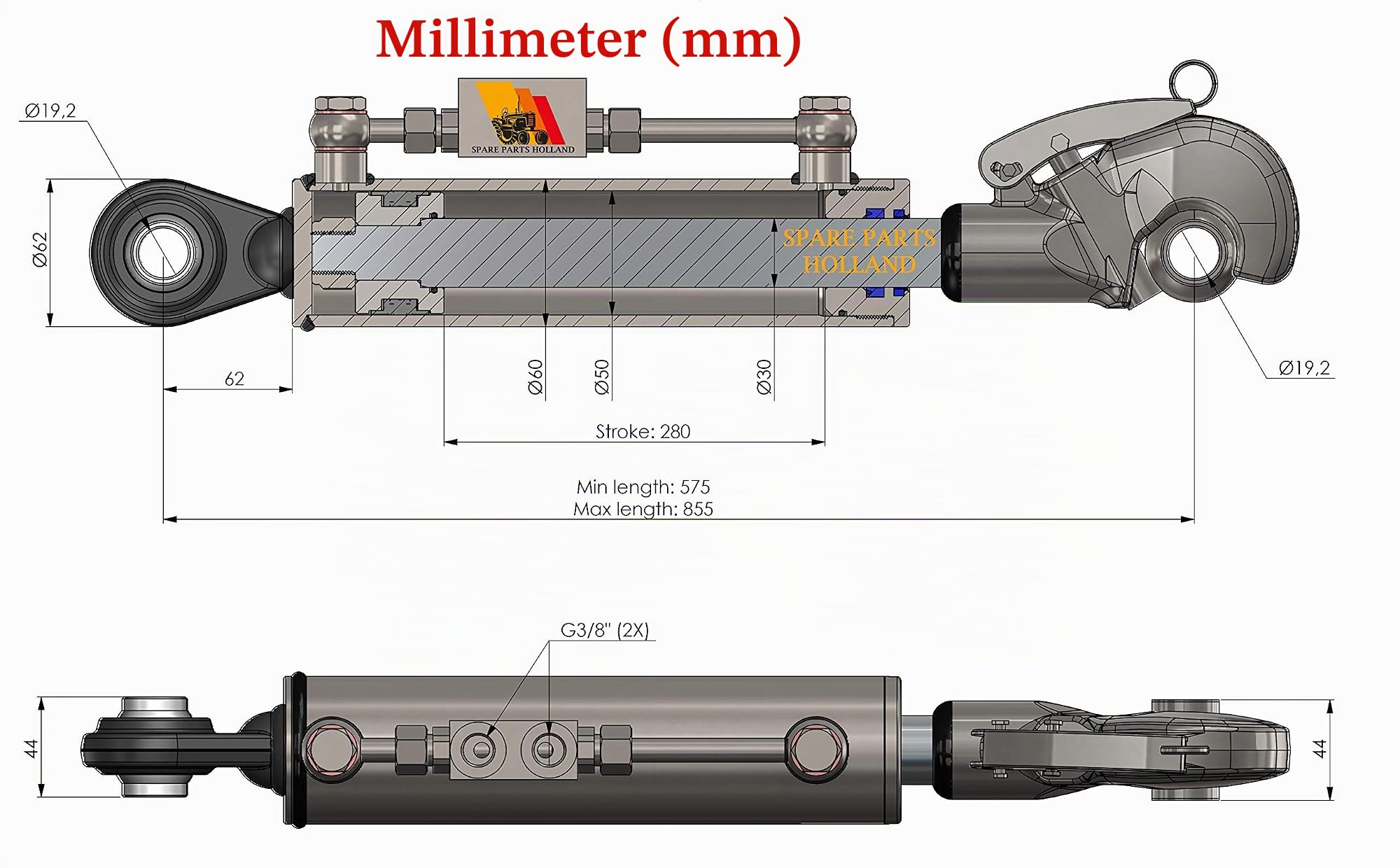Hydraulische Oberlenker Kat. 1 + 1 Fanghaken 575→855mm Hub 280 Sperrblockschläuche 19,2