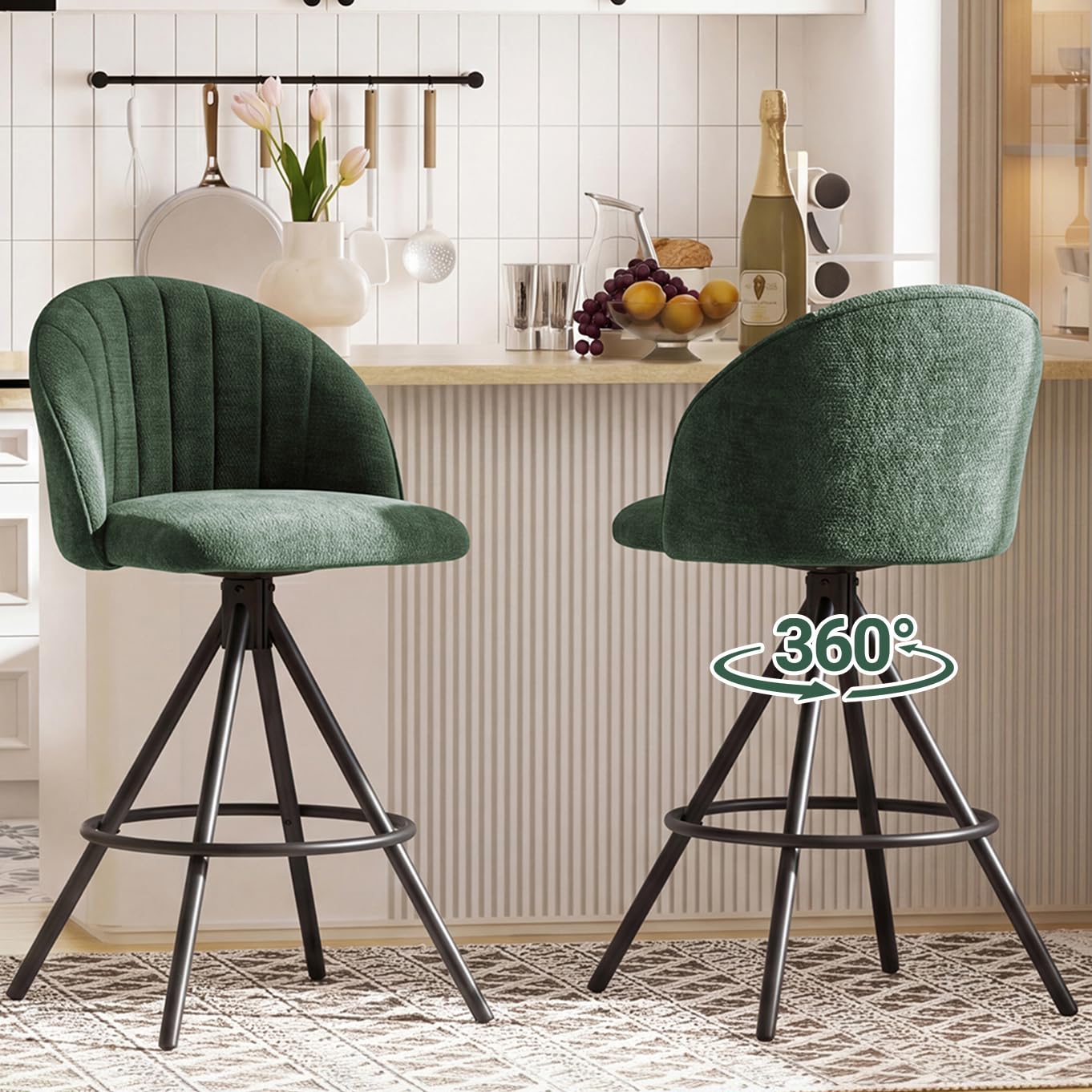 FurniSoar Barhocker 2er Set, 360° drehbar Barstuhl, Hocker mit Lehne und Fußstütze, Polsterhocker Küchenhocker mit Metallbeinen für Küche, Esszimmer, Wohnzimmer, Bar, Chenille