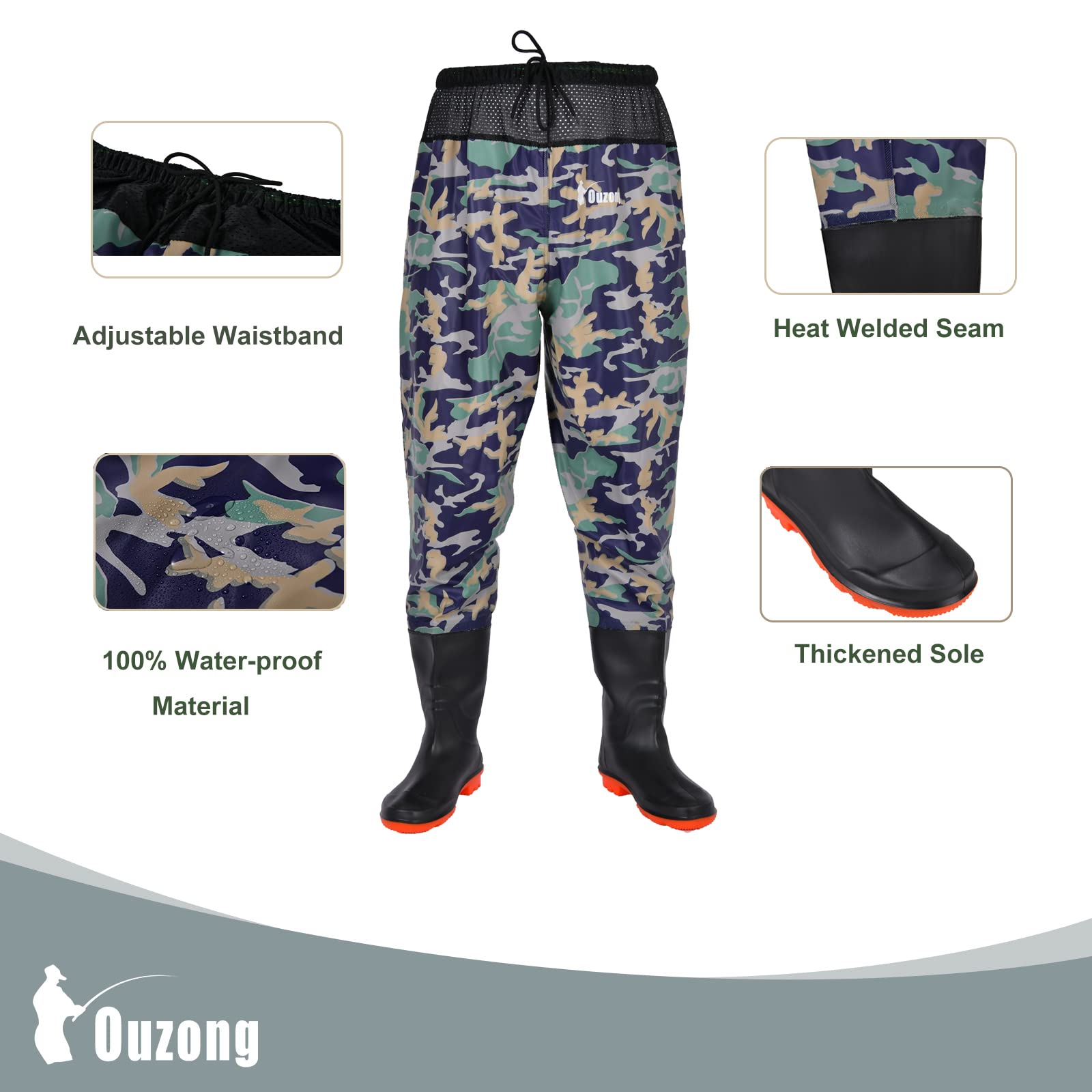 Waterproof Fishing Waist Waders Pants with Boots for Men and Women for Fishing Hunting outdoors (Camo, 13)