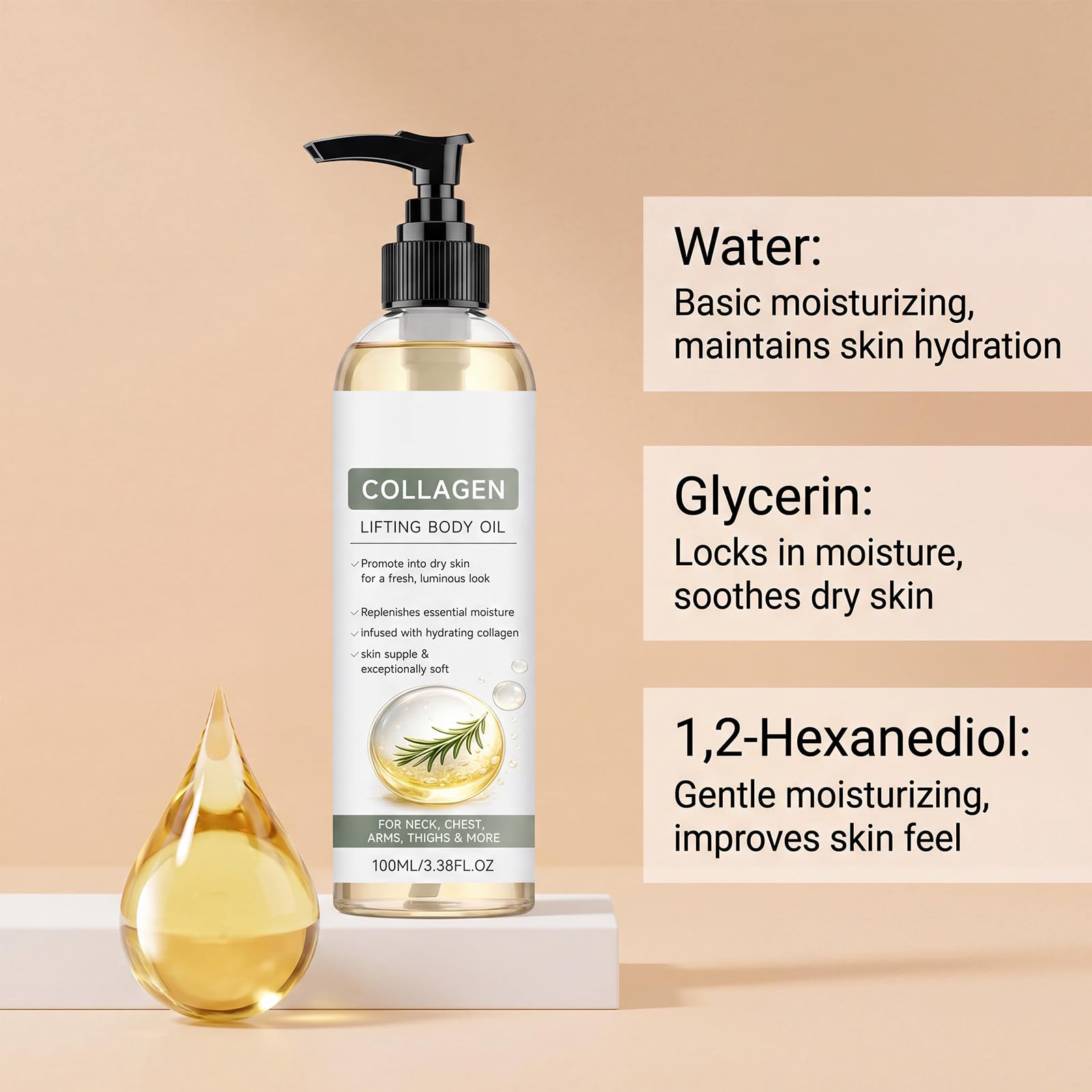 Olio per il corpo per lifting del collagene dopo la doccia, con formula idratante, ad assorbimento rapido, rassodante olio per la cura del collo, braccia e cosce, consistenza setosa per freschezza (6