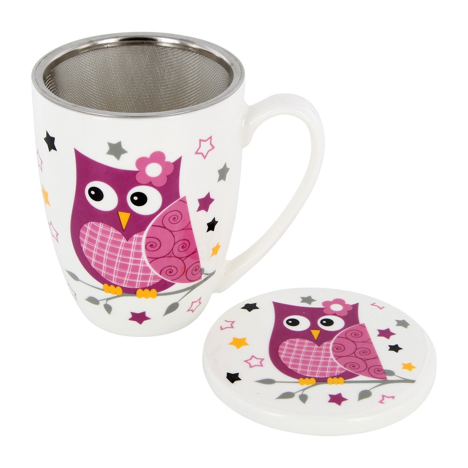 Juego de taza de té-Taza de té con filtro + Tapa Porcelana Diseño Búho 6piezas 11cm)