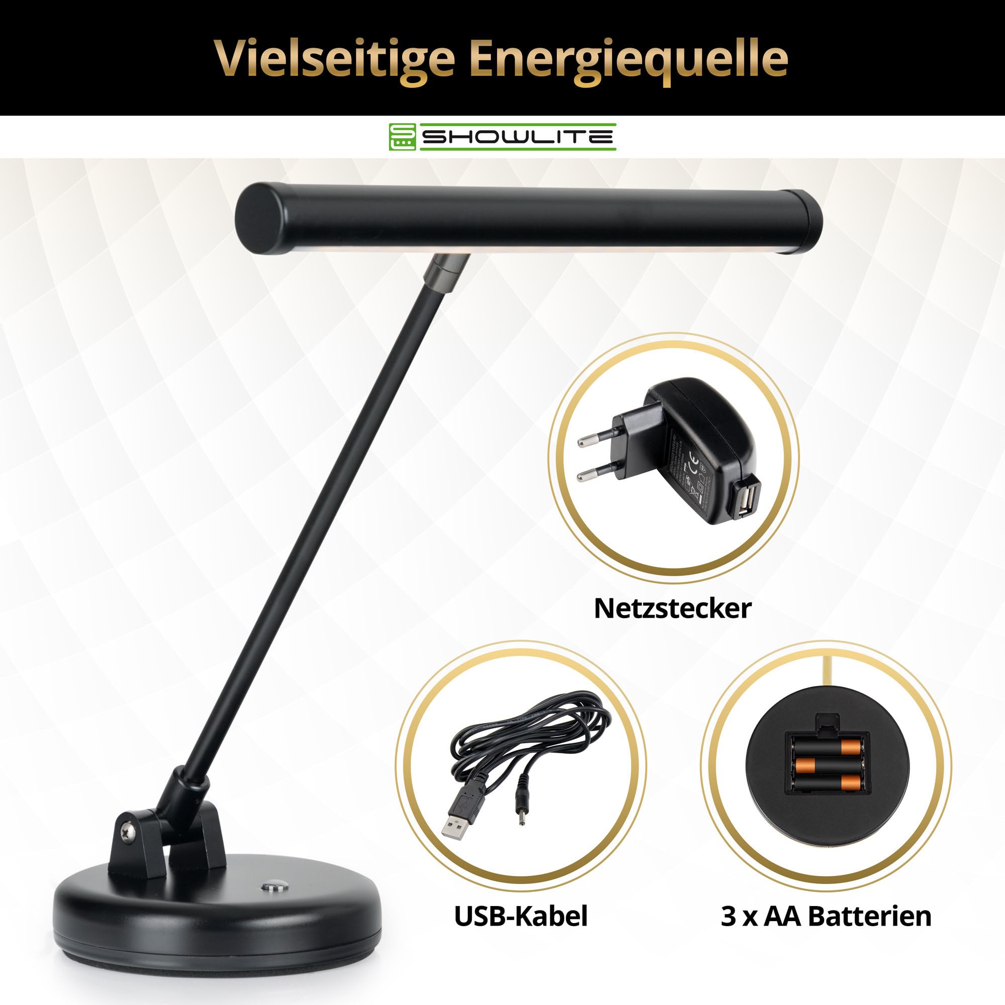 Showlite PL-1-BK-KW Lampada LED per Pianoforte - Lampada per Pianoforte con 15 LED - luce bianco caldo a 2 livelli - altezza 36 cm - alimentazione via USB, rete o batteria - nero