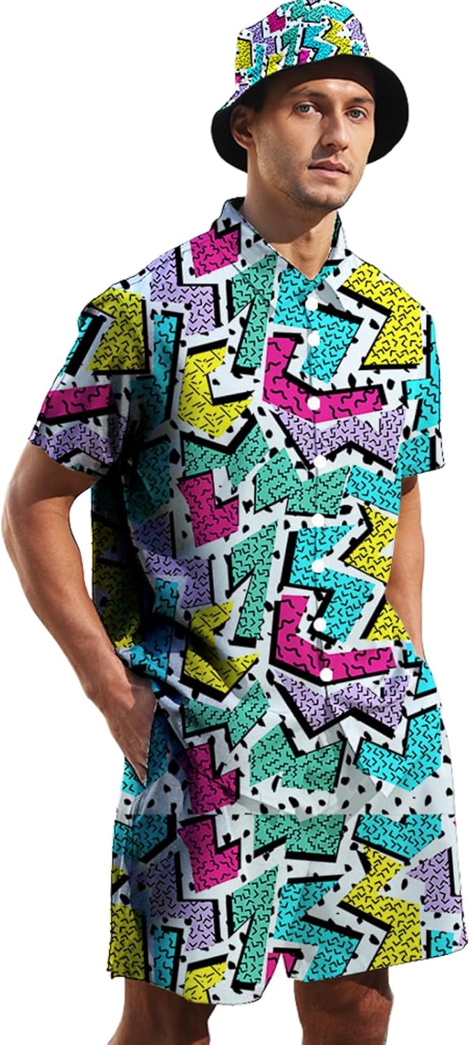 Mens 2 Piece Tracksuit Hawaiian Button Down Shirt and Compression Liner Shorts Sets with Bucket Hats - Image 3