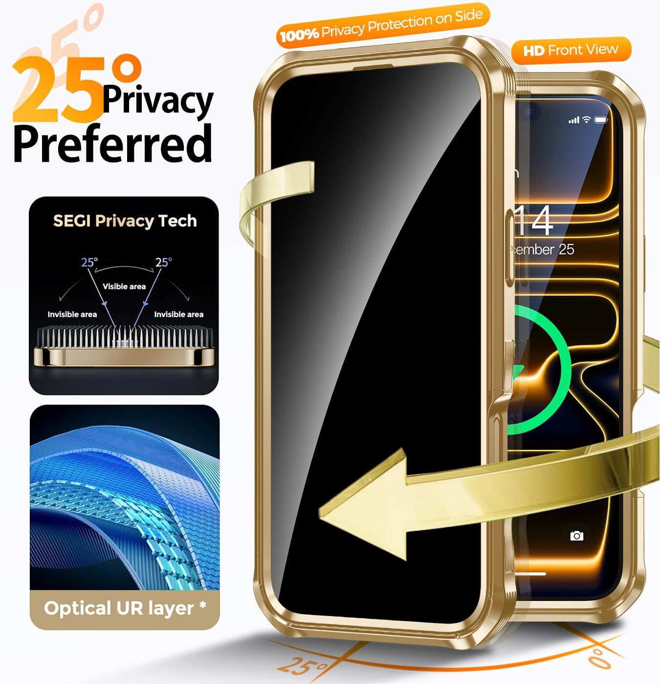 Reukdnv [Built-in Privacy Screen Protector & Invisible Ring Stand] Privacy Case for iPhone 17 Pro 6.3'' [Soft Bumper Full Signal] [Compatible with MagSafe] Full-Body Shockproof Clear Case, Gold