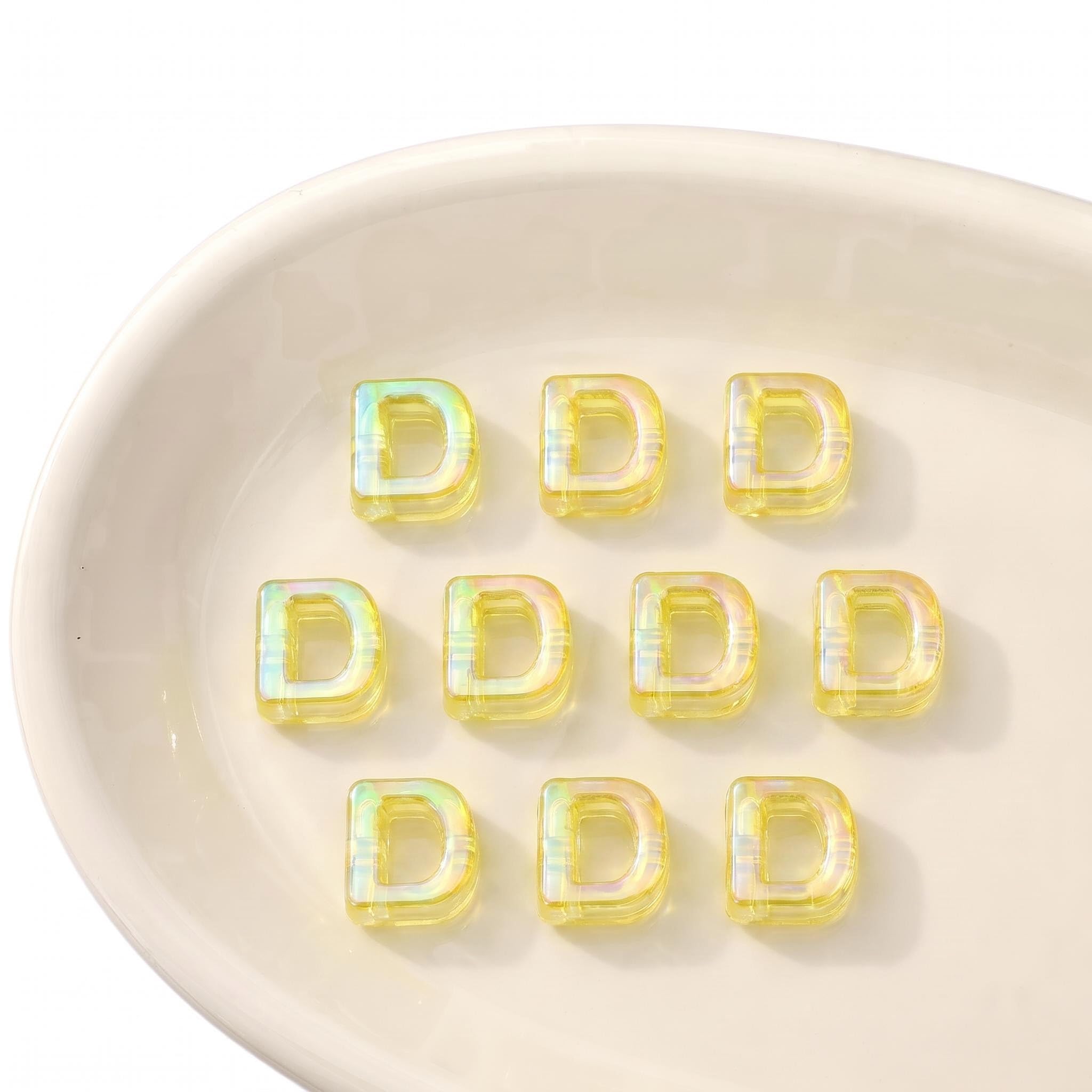 Letter Beads 10pcs, Large Acrylic Alphabet Beads with 6mm Hole, Iridescent Holographic UV Plated for Bracelet Making, Jewellery, Keyrings & Craft (Iridescent Yellow, Letter D)