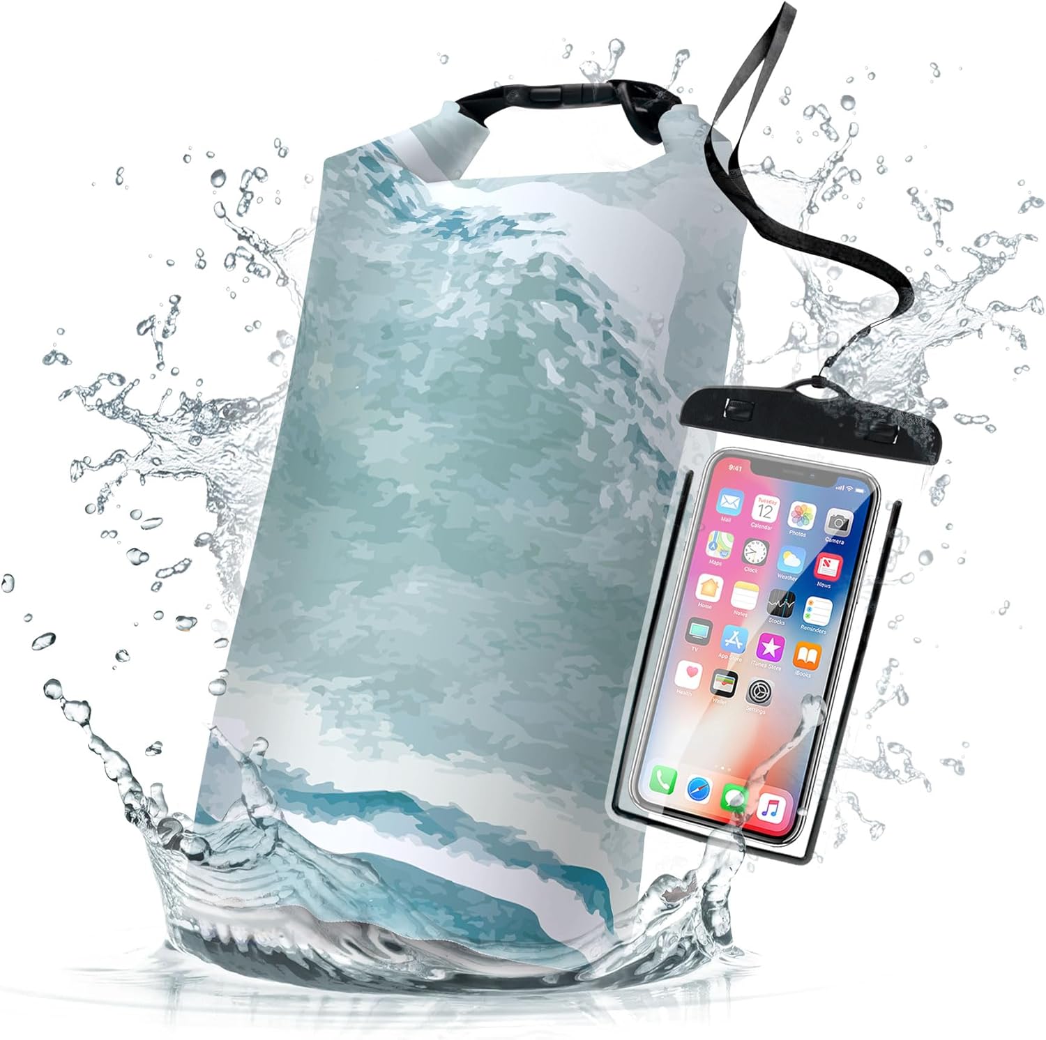 Waterproof Dry Bag,Roll Top Summer Ocean Coastal Beach Sea Waves Small Waterproof Backpack 5L/10L/20L Floating Lightweight Bags for Kayaking, Boating, Swimming Camping with Waterproof Phone Case