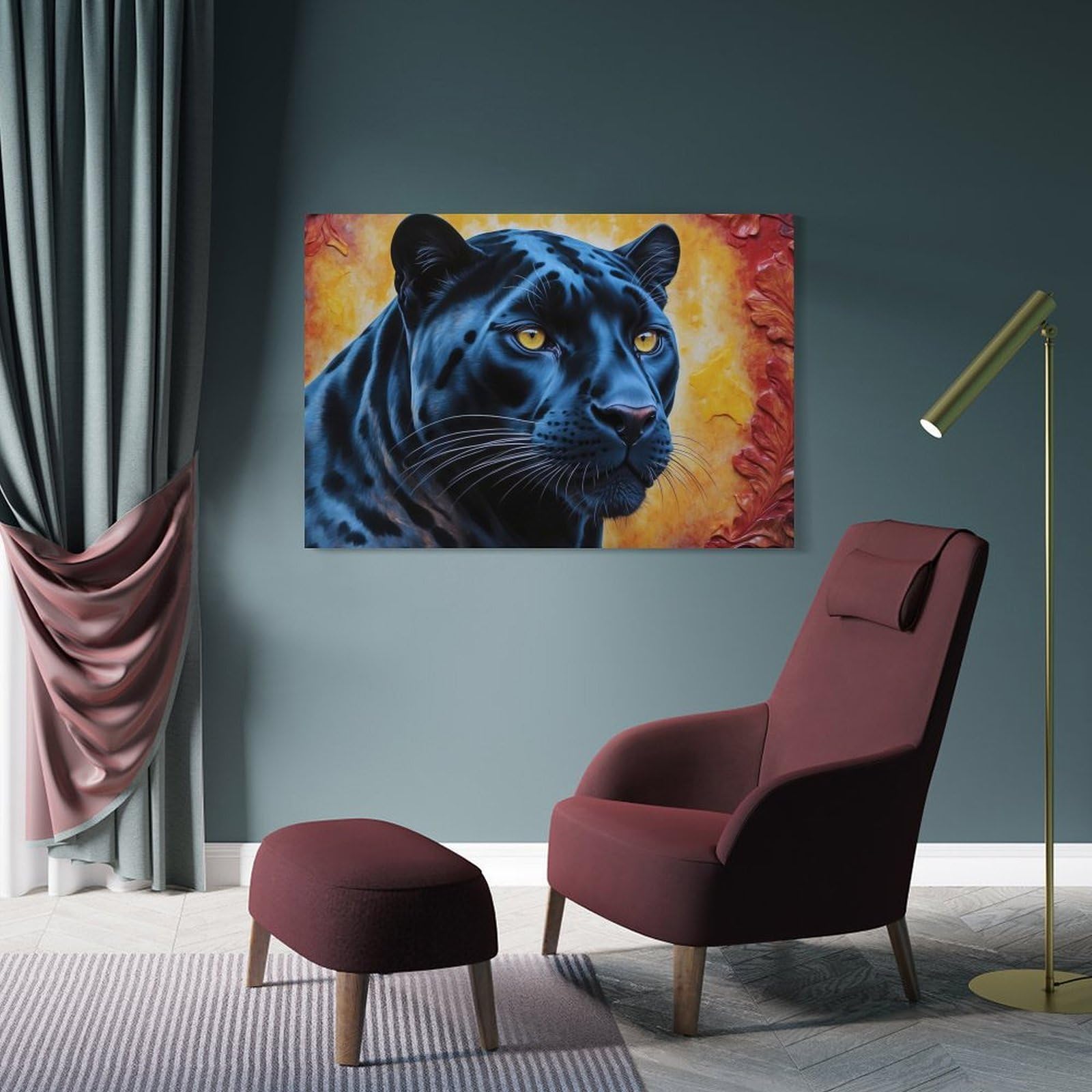 Junmoney Black Panther Portrait with Floral Background Decorative Wall Artwork, 20x30inch(50x75cm), for Home Lounge, Bedroom Or Reading Nook, Easy Decor for Gallery Walls