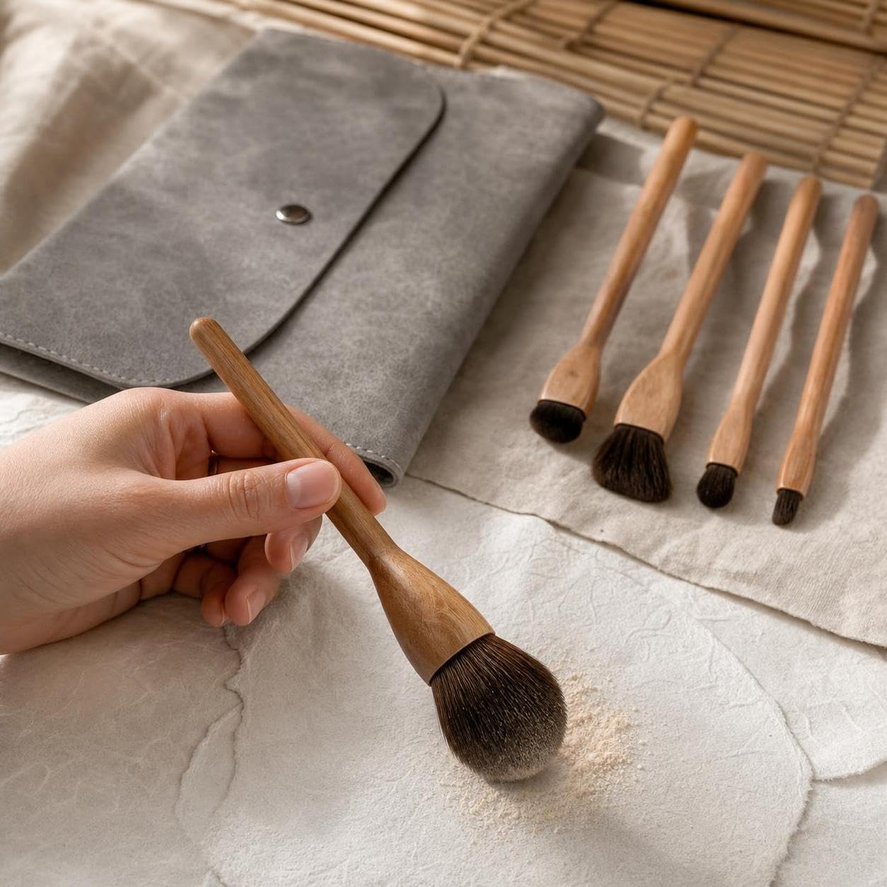 Kit Pennelli da Trucco Professionali con Manico in Legno e Fibra Sintetica per e Trucco, per bellezza - per uso quotidiano, Set di 5 pennelli quotidiani con borsa a busta grigia
