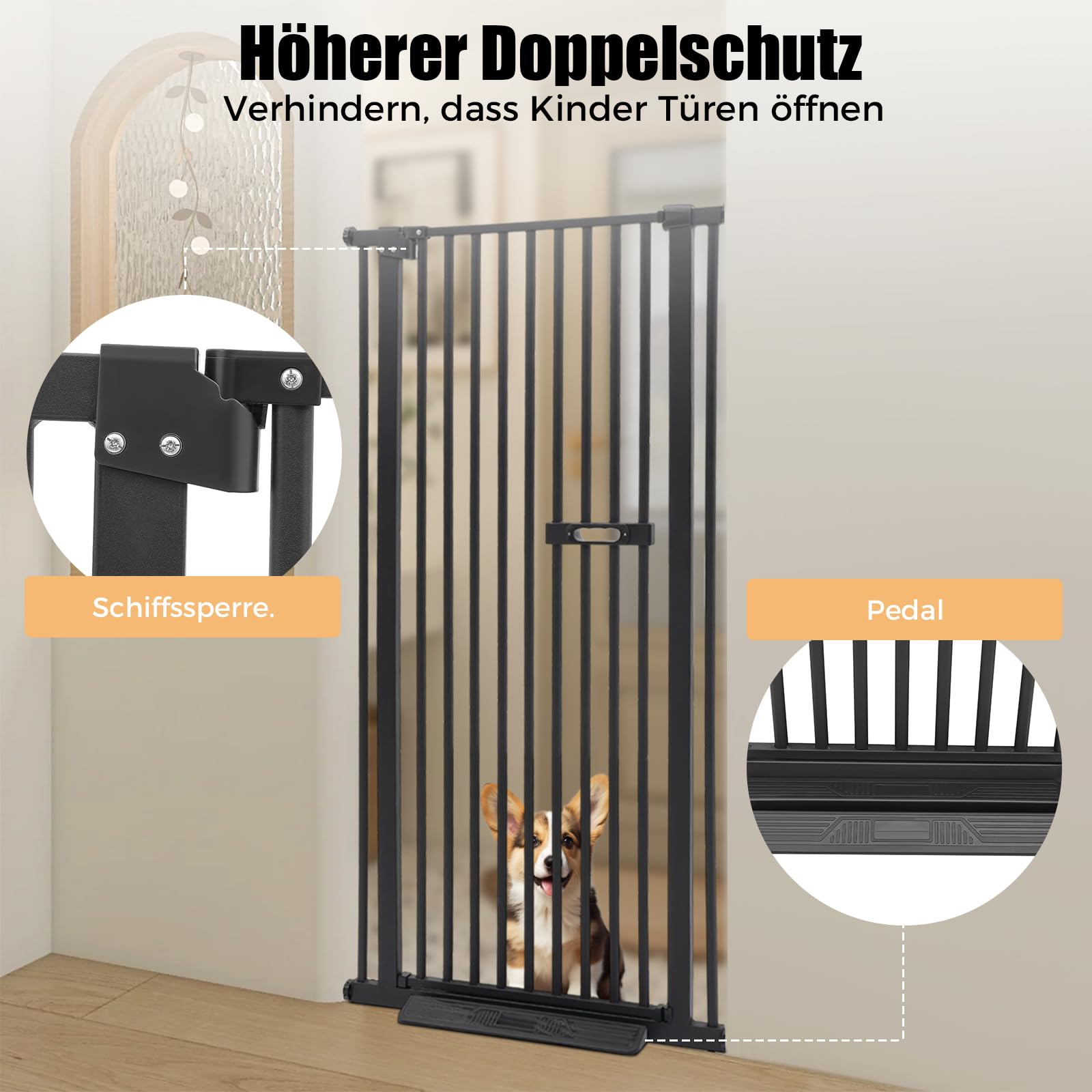 Treppengitter Schutzgitter für Haustiere Extra Hoch 150cm, Treppengitter Ohne Bohren Hundezaun Versenkbare Tür Sicherheitstor mit 2 rutschfeste Fußpedale, für Kinder und Haustiere