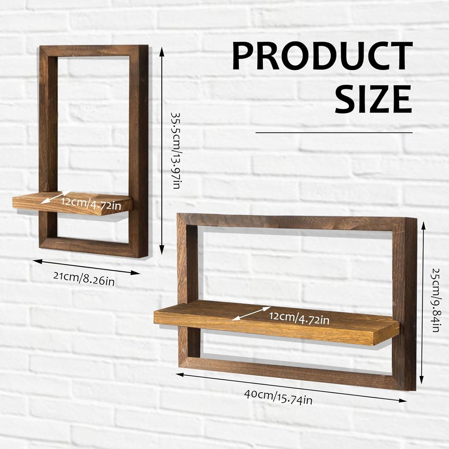 2 Pcs Square Floating Shelves,Wood Rustic Floating Shelves for Wall,Framed Wall Shelf Decorative Modern Plants Hanging Display Art Decor Storage for Living Room Bedroom Bathroom Home Office (Brown)