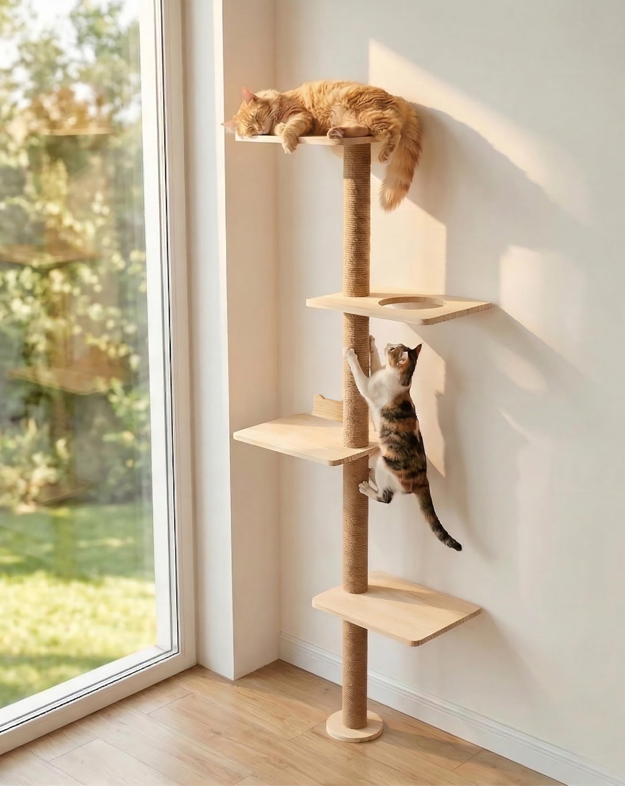 Cat Tree Wall Mounted Tall Scratching Post for Indoor Cats Climbing Tower Activity Wood Cat Wall Furniture 73 inch