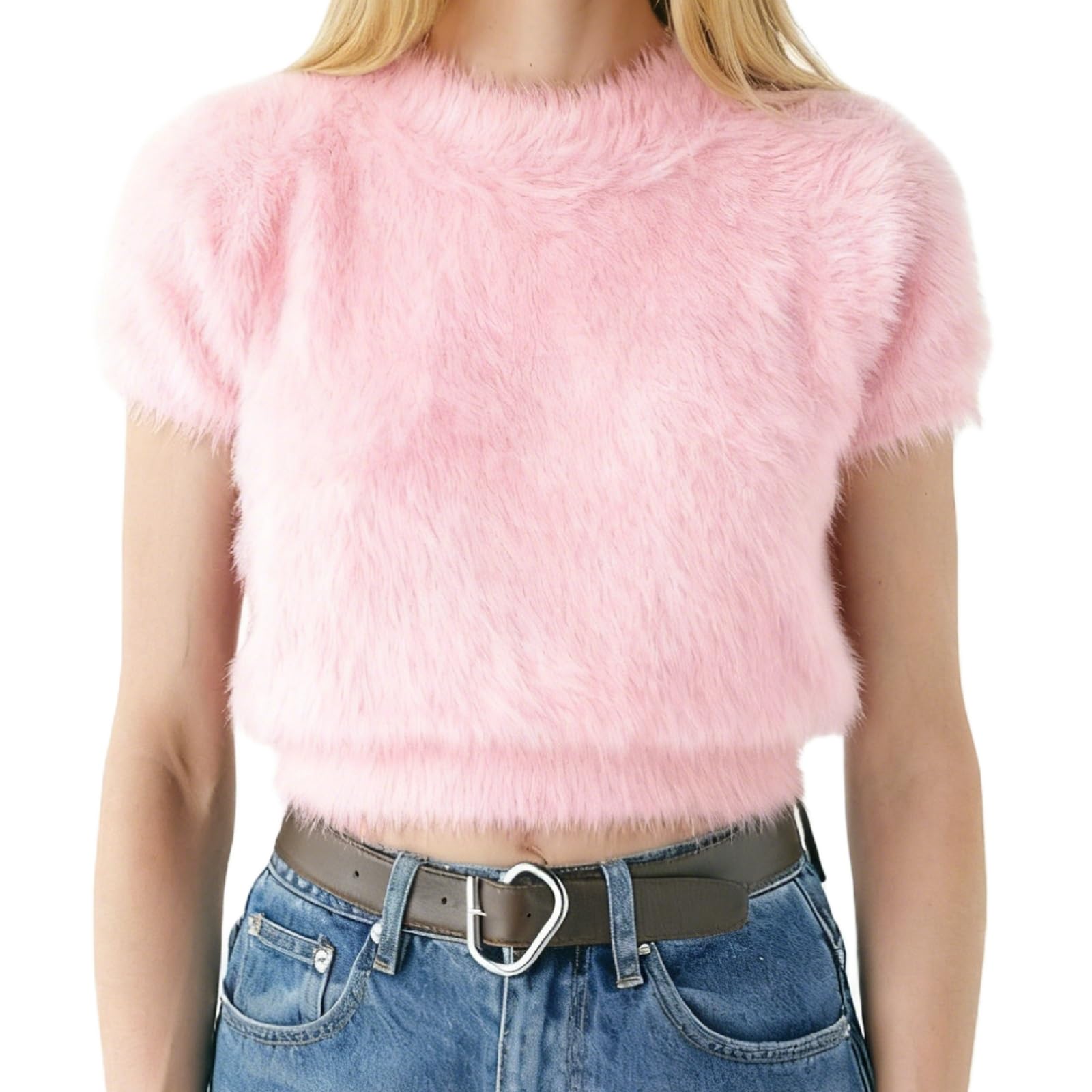 Women Fuzzy Cropped Sweater Short Sleeve Furry Sweaters Crew Neck Cozy Knit Jumper Tops