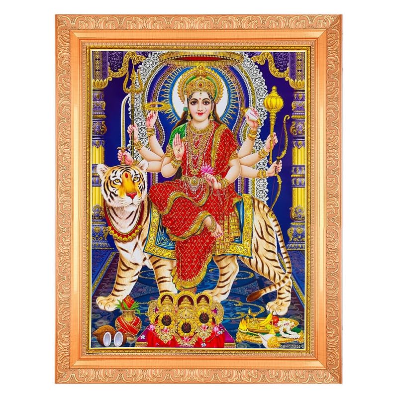 Durga Maa Beautiful Golden Zari Photo In ArtWork Golden Frame(11 x 14 Inch) OR (27.94 X 35.56 Cm) Housewarming Gifts