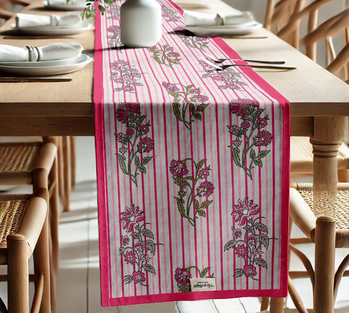 Double Layer Cotton Table Runner with Border - Floral Print, Machine Washable - Dining Table Décor for Farmhouse & Modern Homes