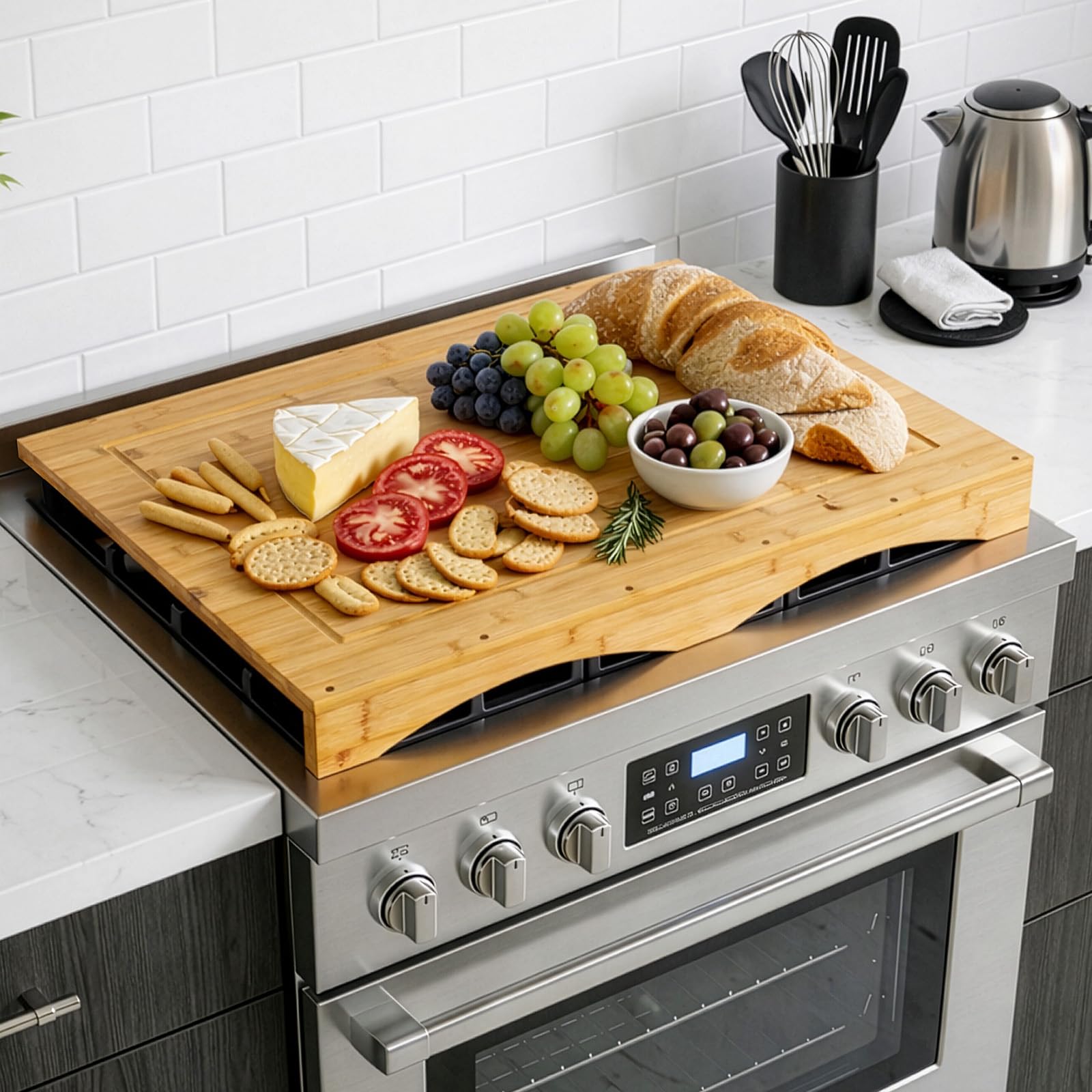 Bamboo Cutting Board Stove Cover with Juice Groove (75x54x7.5cm), Reversible Serving Tray Wooden Noodle Board Stovetop Kitchen Sink Hob Cover Extra Counter Space, Raised Hob Protector for Cooled Stove