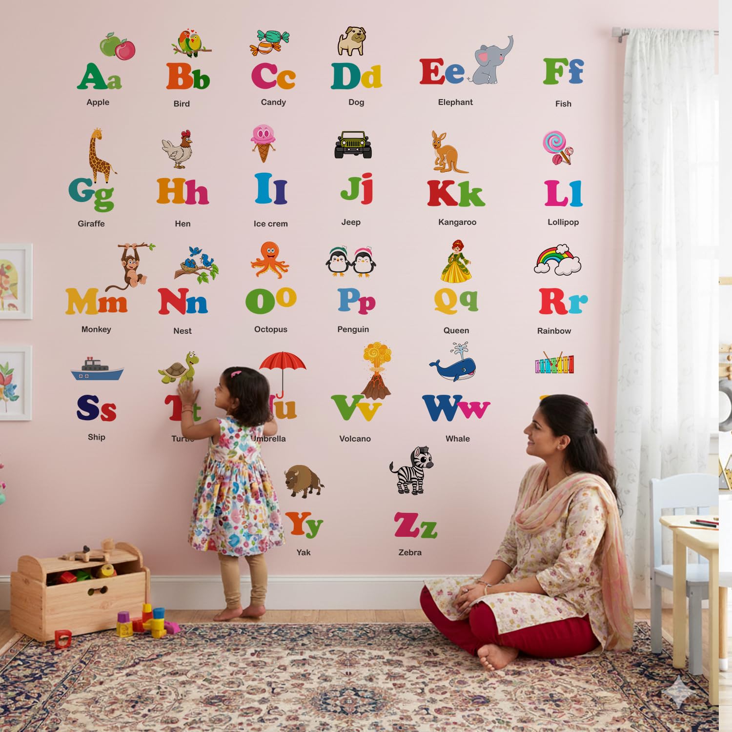 Alphabets - Baby Kids Learning Education Nursery, Pre School, Kindergarten Wall Sticker Decals (Multicolour, Self-Adhesive, Peel and Stick) (Large - 200 x 200 cm)-image-2