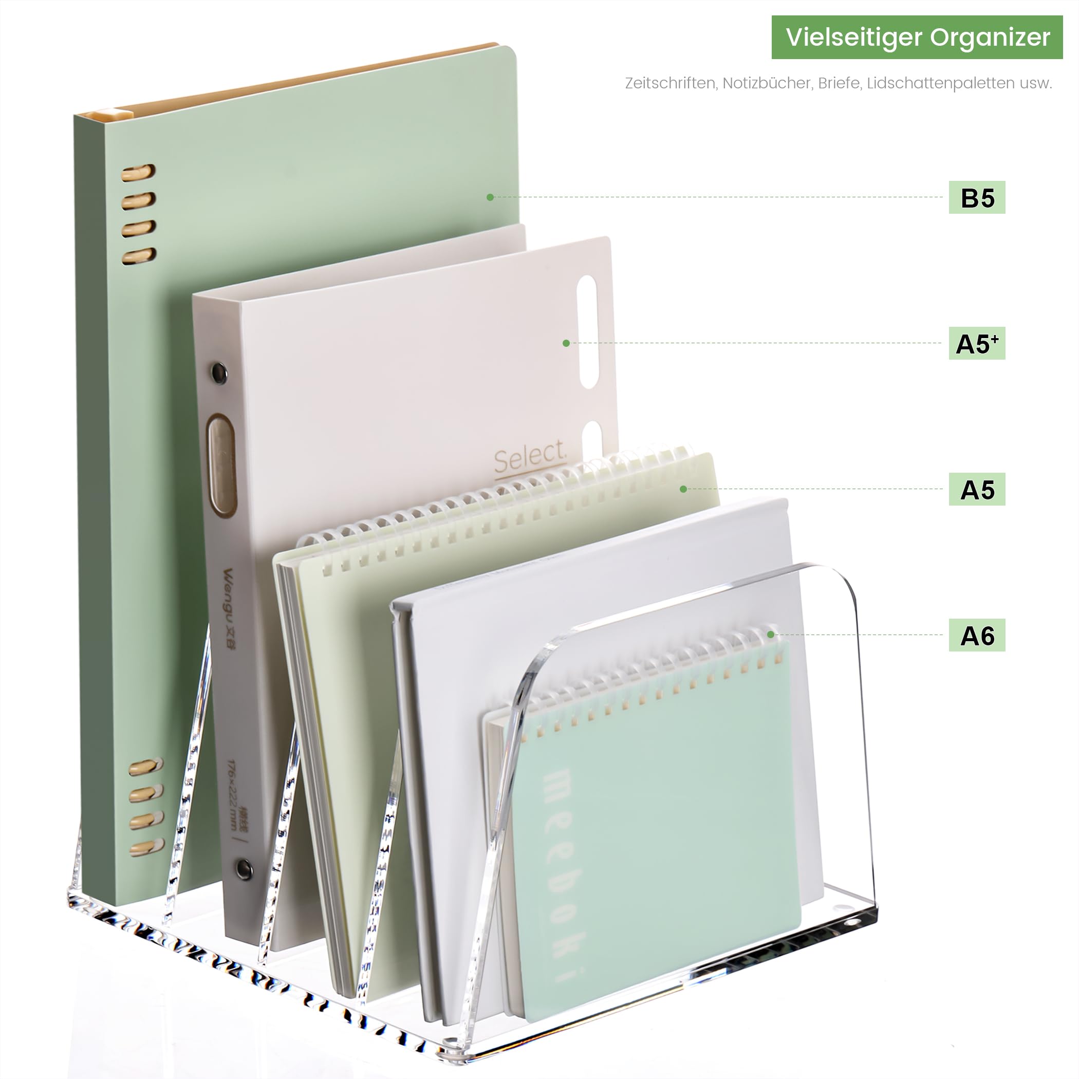 SANRUI Premium Acryl Briefständer & Schreibtisch Organizer (4 Fächer) – Vertikale Ablage für Post, Notizbücher (B5/A5) & Tablets, Transparenter Sortierer mit Silikonfüßen für Home-Office & Kosmetik