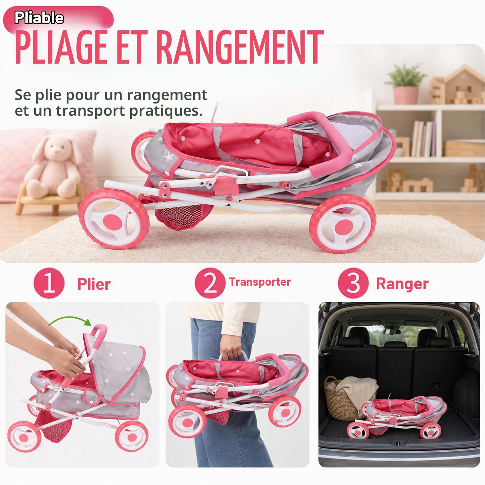 Bebamour Landau 2 en 1 Ensemble Poussette avec Landau Amovible Jouet pour Tout-Petits (Gris)