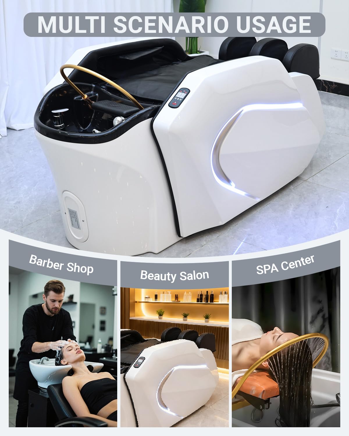 Lettino per massaggio elettrico con luce ambientale e cascata per la testa - Vaporizzatore per capelli intelligente, lettino per massaggio completo del corpo