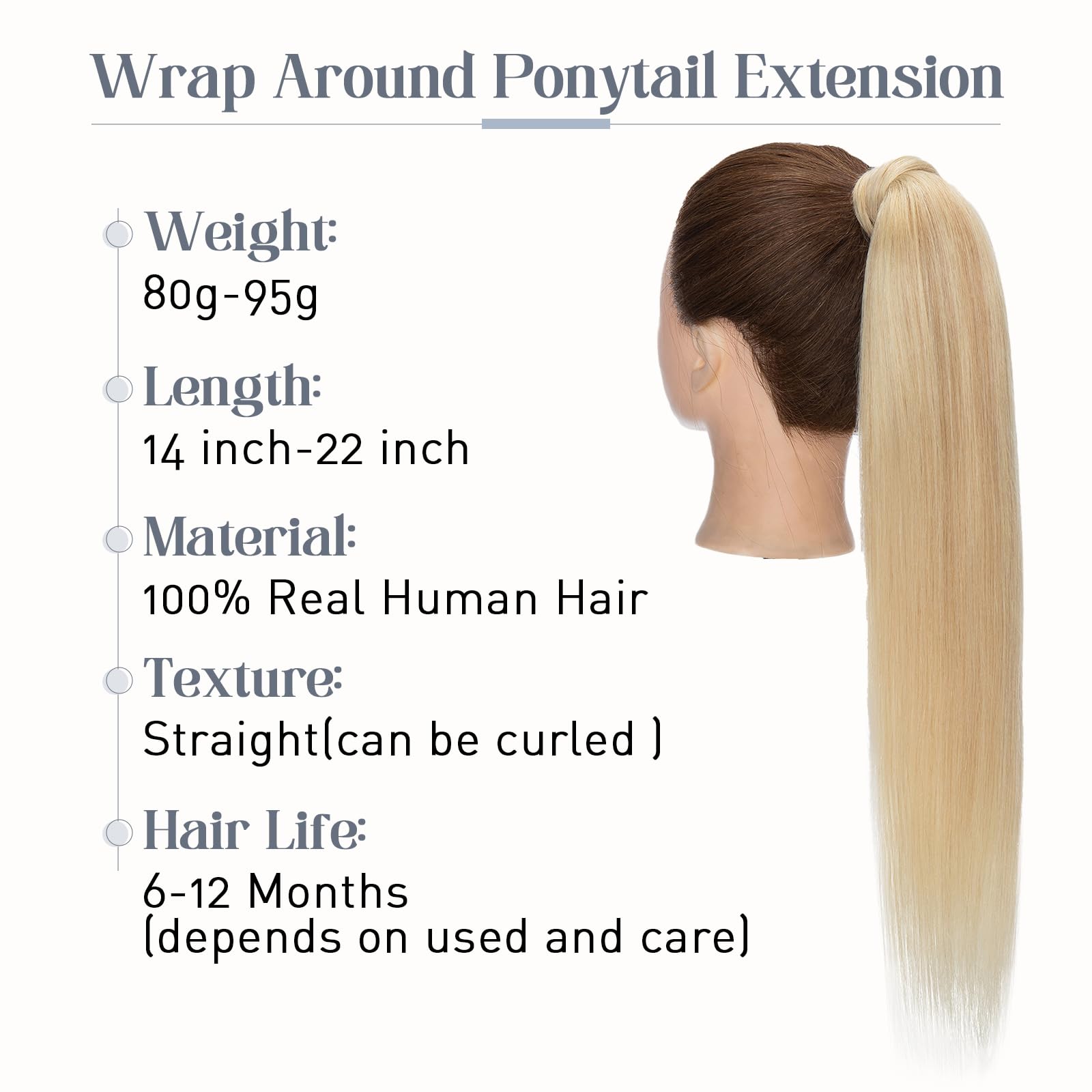 Rich Choices Ponytail Extension Wrap Around Ponytail Hair Extension Straight 16 Inch #18/613 Ash Blonde mix Bleach Blonde Remy Human Hair Pieces - Image 2