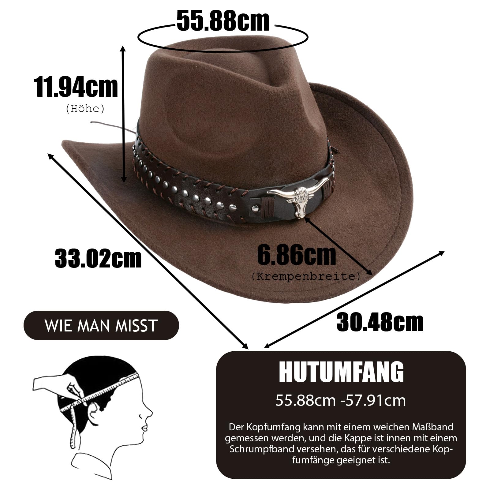 Lot de 2 chapeaux de cowboy occidental avec accessoires uniques tête de taureau - Bord vieilli - Chapeau de protection solaire d'extérieur en laine - Multifonctionnel - Unisexe - Avec sangle en cuir