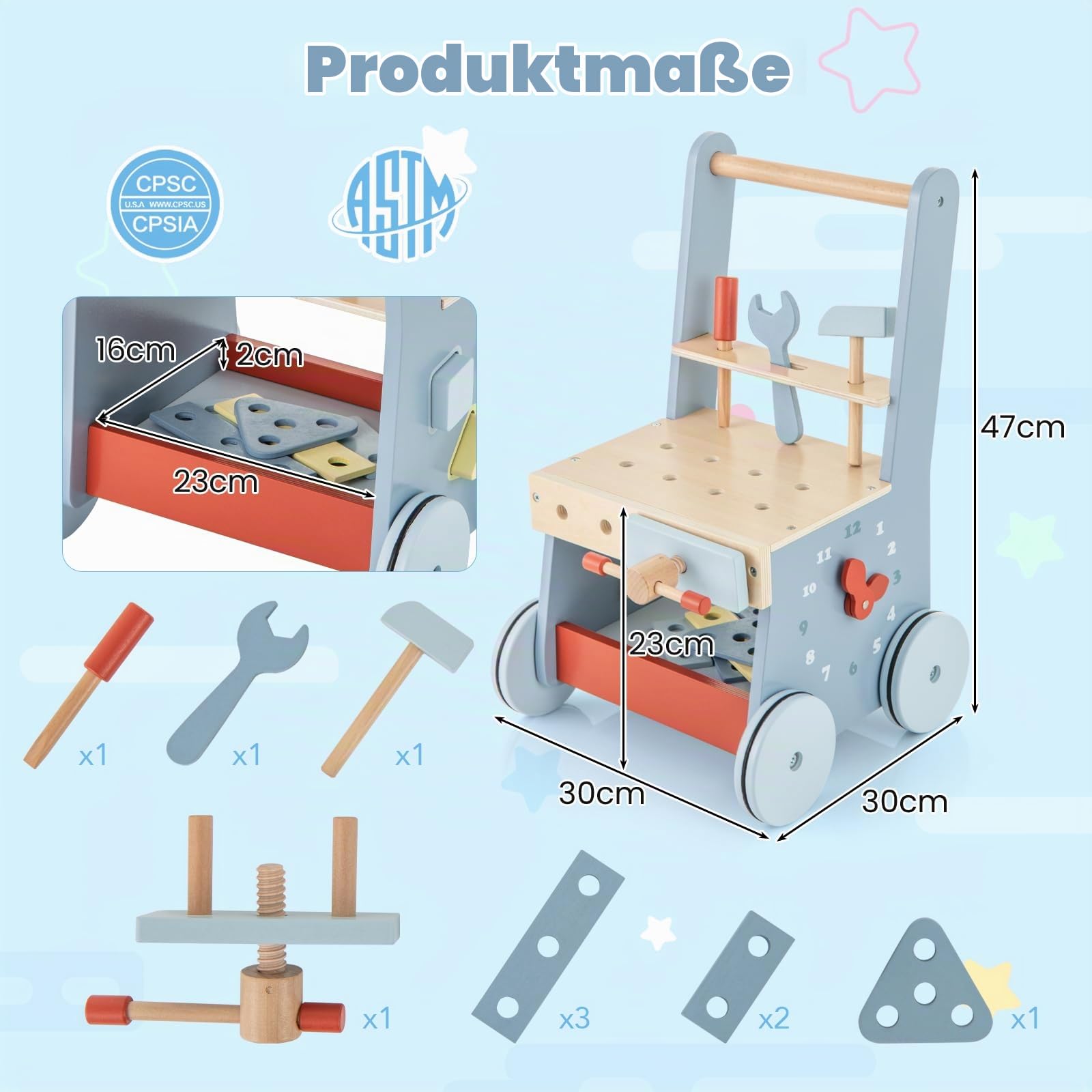 FANTASK 2 in 1 Lauflernwagen, Lauflernhilfe aus Holz, Montessori Kinder Werkbank Spieltisch, Multi-Aktivitätszentrum für Kinder ab 1 Jahr