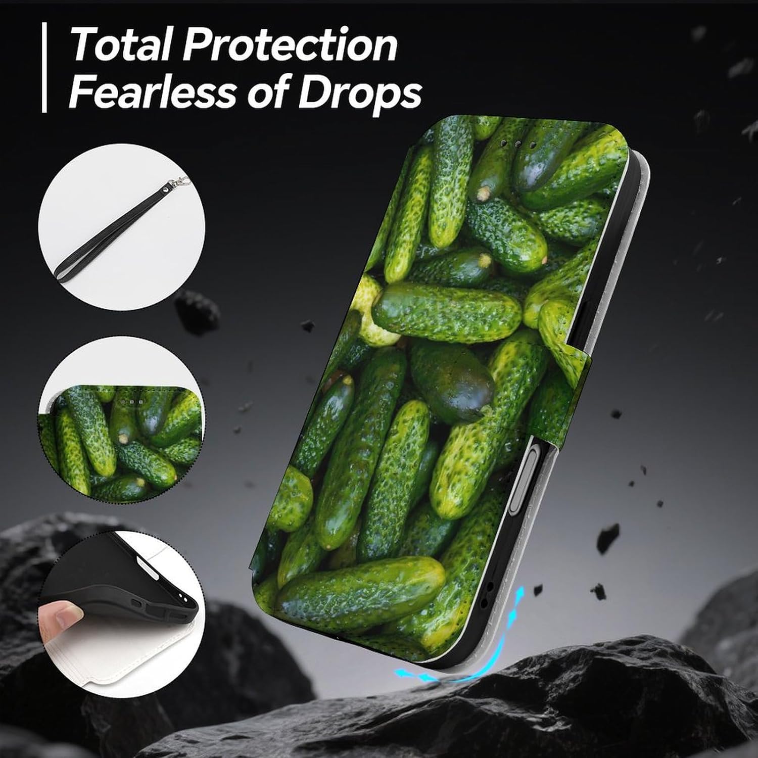Cucumbers Compatible with iPhone 16/16 Plus/16 Pro/16 Pro Max/16 E Case Phone Wallet Card Holder Flip Cover with Wrist Strap