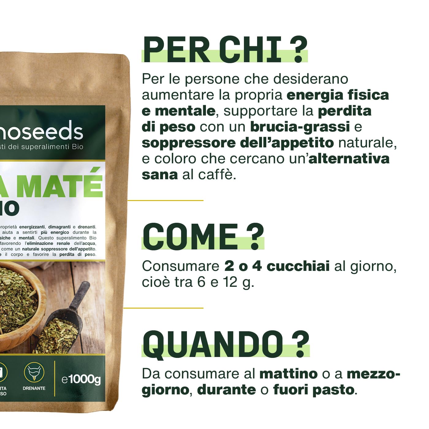 Yerba Maté BIO 1KG | Maté verde non affumicato | 100% foglie, senza steli | Energia, alternativa al caffè | Qualità superiore