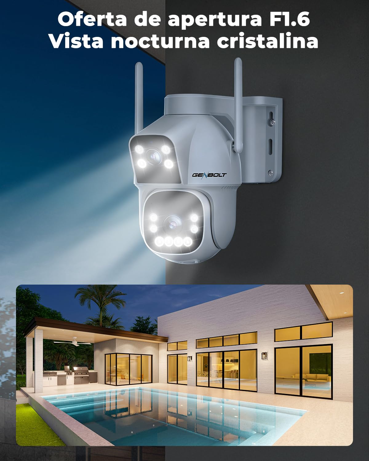 GENBOLT 2.5K AOV WiFi Solar Cámara Vigilancia Exterior Inalámbrica, Grabación 24/7 3MP+3MP Cámara IP Seguridad Exterior con Detección de IA Batería 15600mAh 8W, CCTV Cámaras Seguridad WiFi 2.4&5GHz
