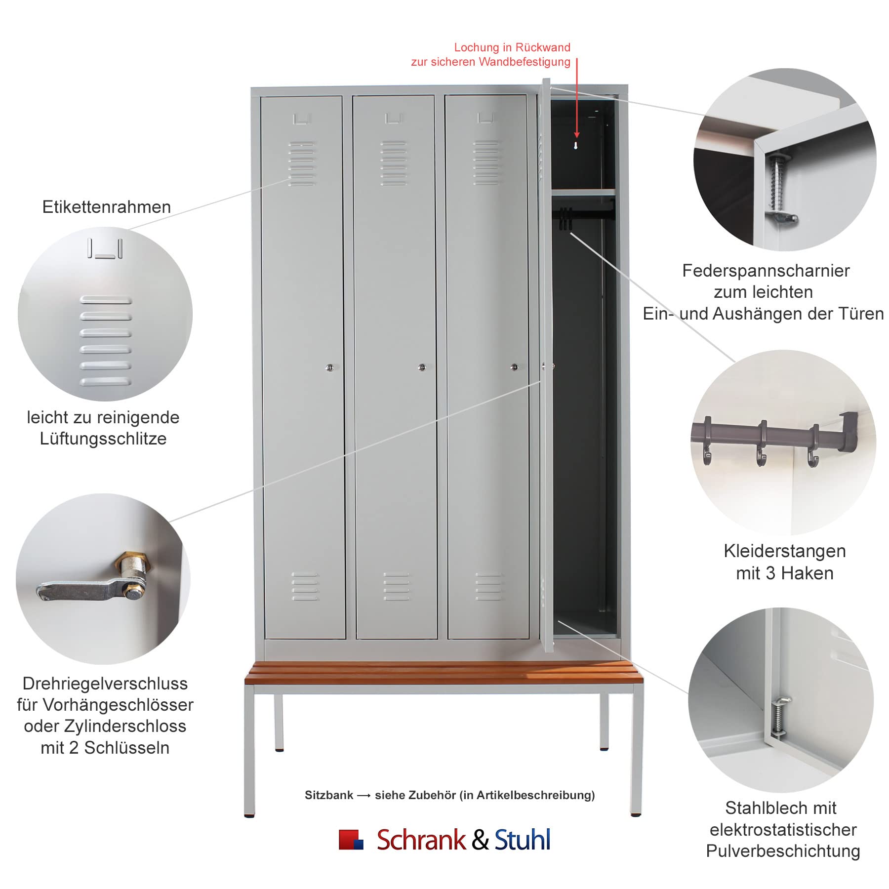 Schrank & Stuhl Spind – Metallspind mit 4 Abteilen, Schließfachschrank mit Hutboden, 30 cm Abteilbreite, Lieferung komplett montiert (Grau, mit Drehriegelverschlüssen)