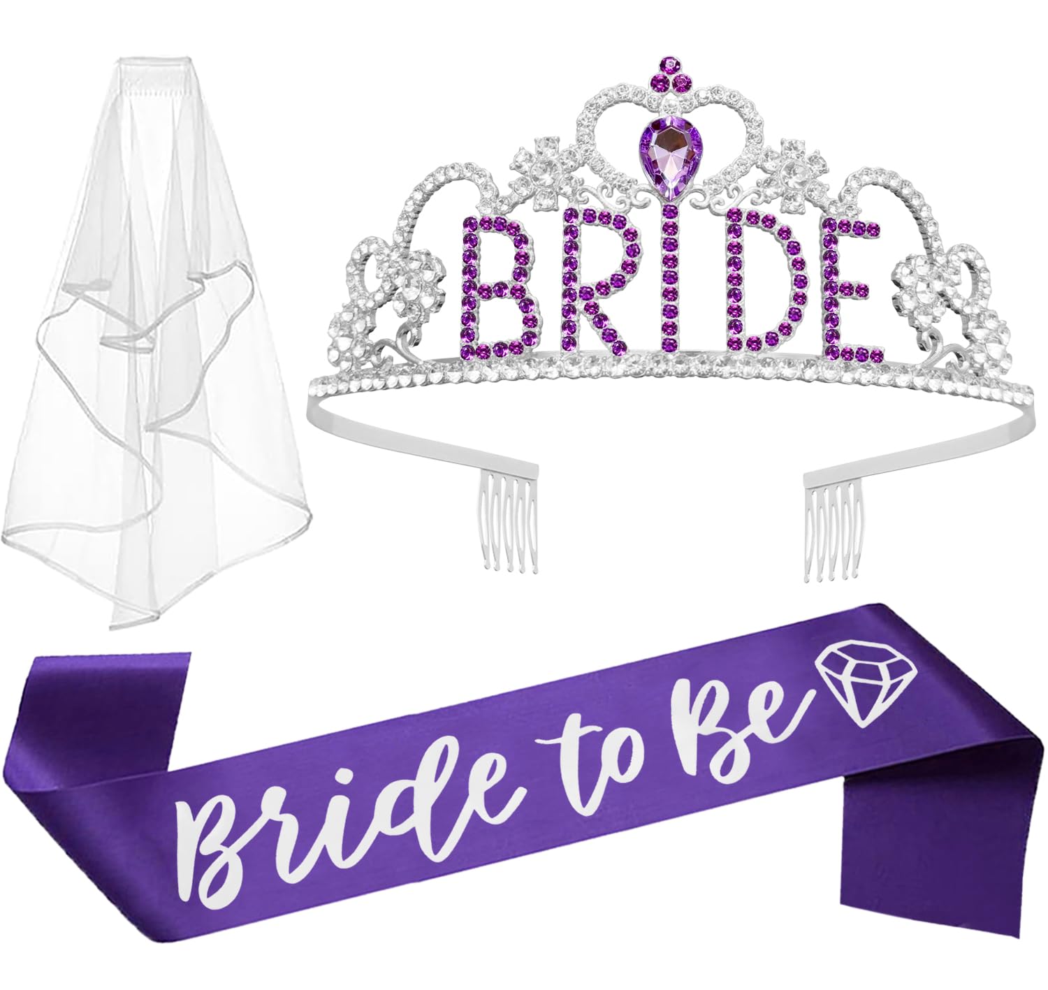JETKONG 3 Pcs Bachelorette Party Decorations BRIDE Crown, Bride to Be Sash&Veil for Women Bachelorette Party Gifts, Bridal Shower Supplies, Gifts,