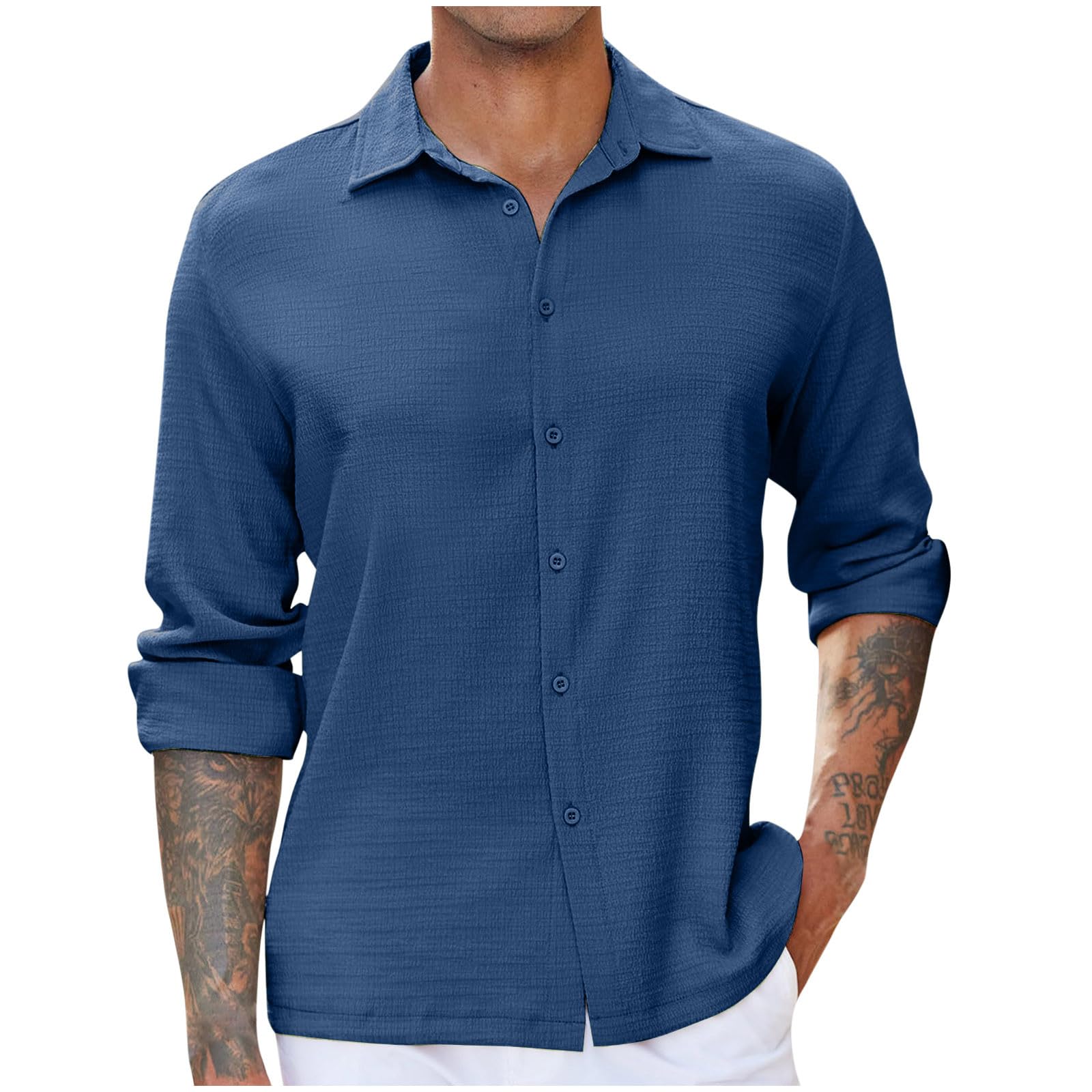 Men Casual Business Work Blouse Fashion Textured Pleated Long Sleeve Lapel Dress Shirts Solid Button Work Shirt