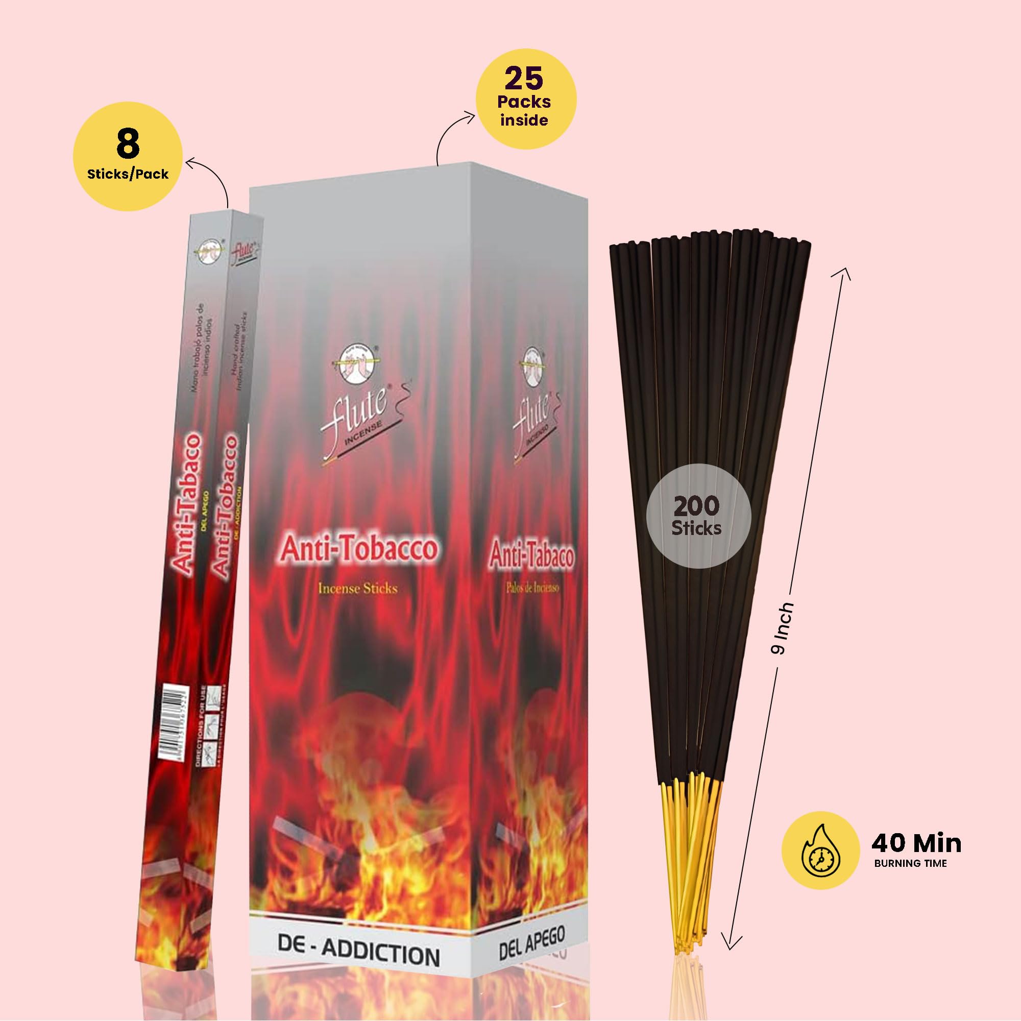 Amazon.com: Flute Anti-Tobacco Incense Sticks – Herbal Angelica Fragrance  for Fresh Living Spaces – 8 Sticks/Pack, 25 Packs/Box (9 Inch, 200 Sticks) 