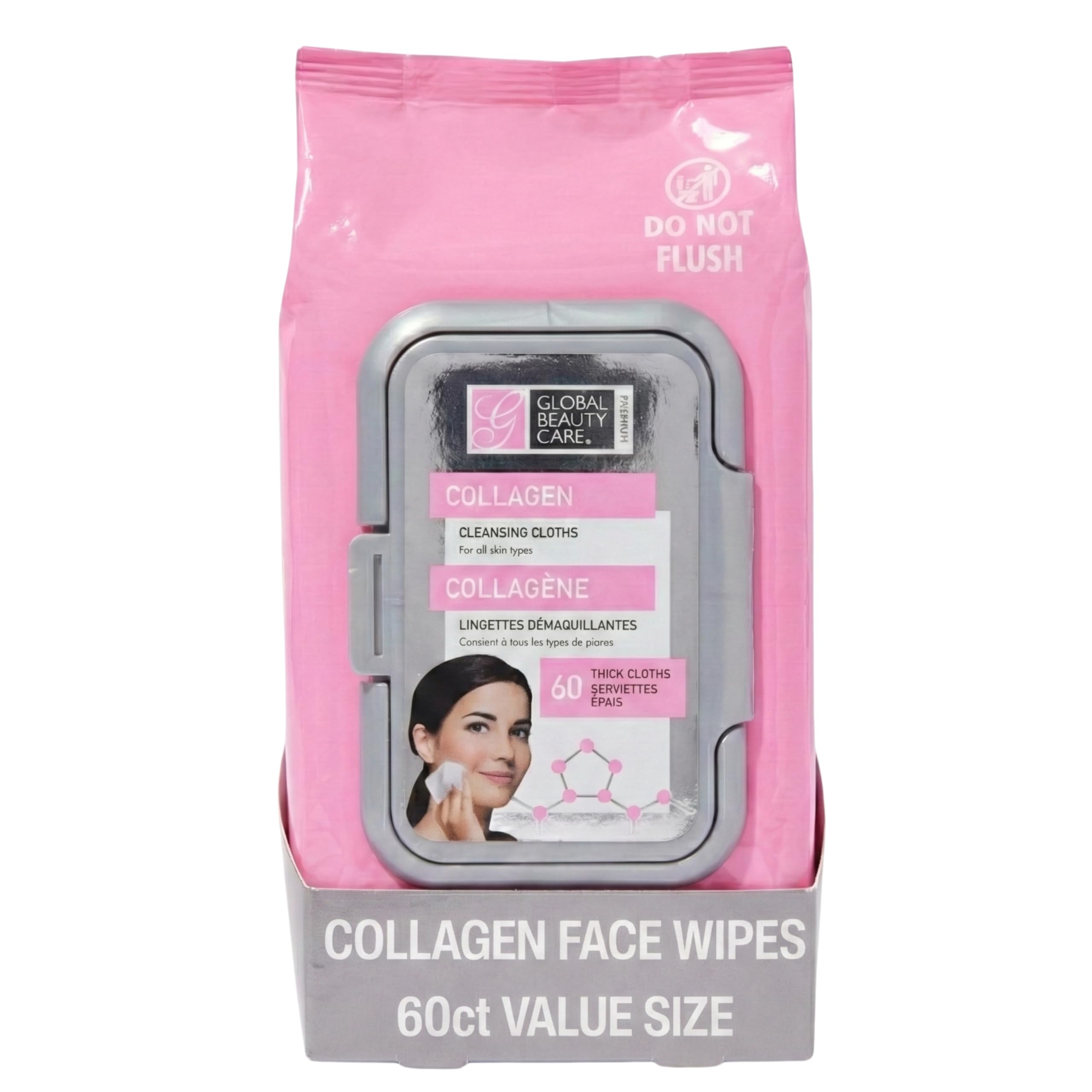 Global Beauty Care Collagen Makeup Remover Wipes - Gentle Daily Facial Cleansing Wipes for Sensitive Skin, Hydrating, Firming & Renewing For Smooth Radiant Skin, Travel-Friendly, 60 Count (1-Pack)